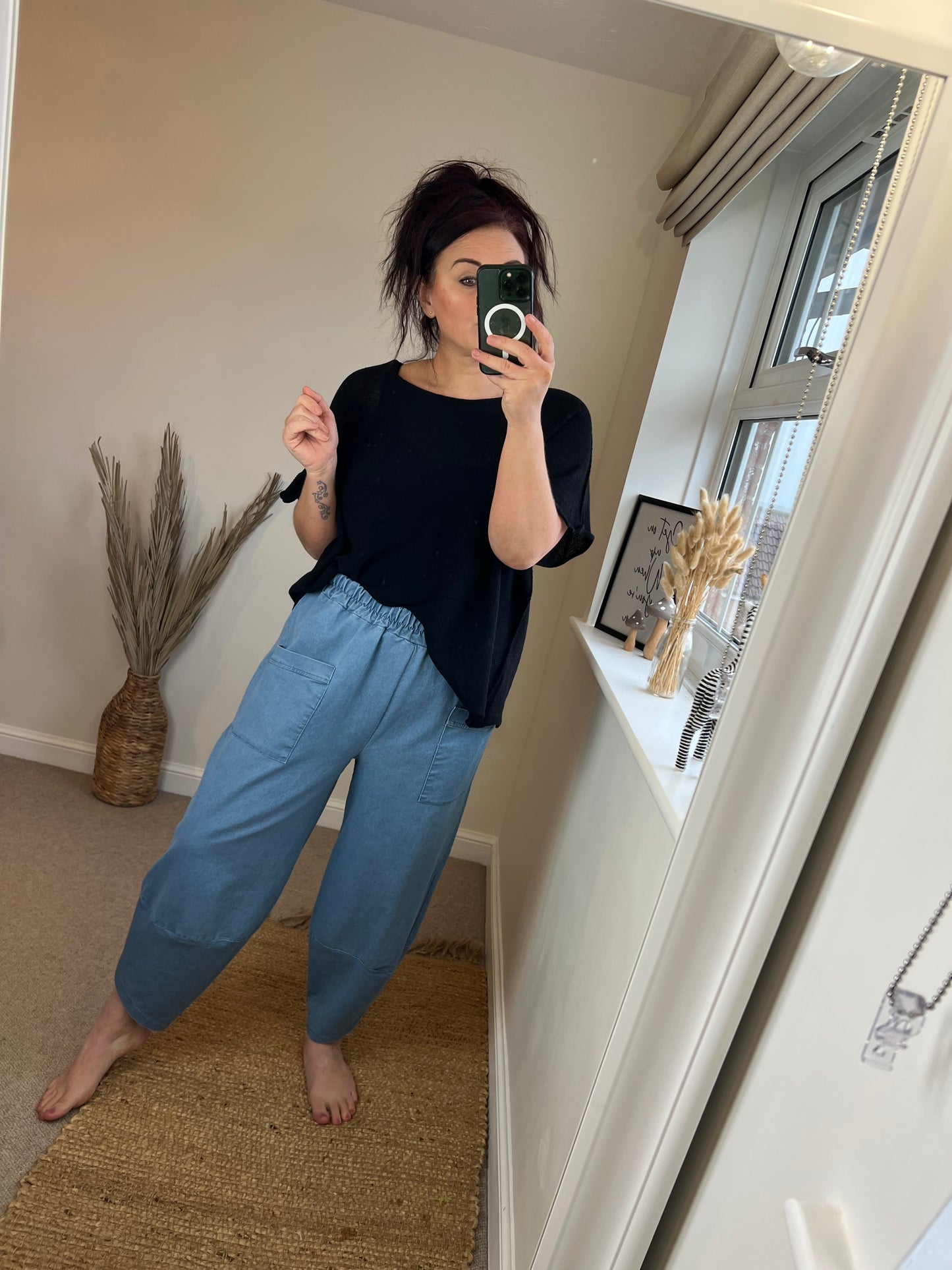 Barrel Leg Stretchy Denim Trousers - Light