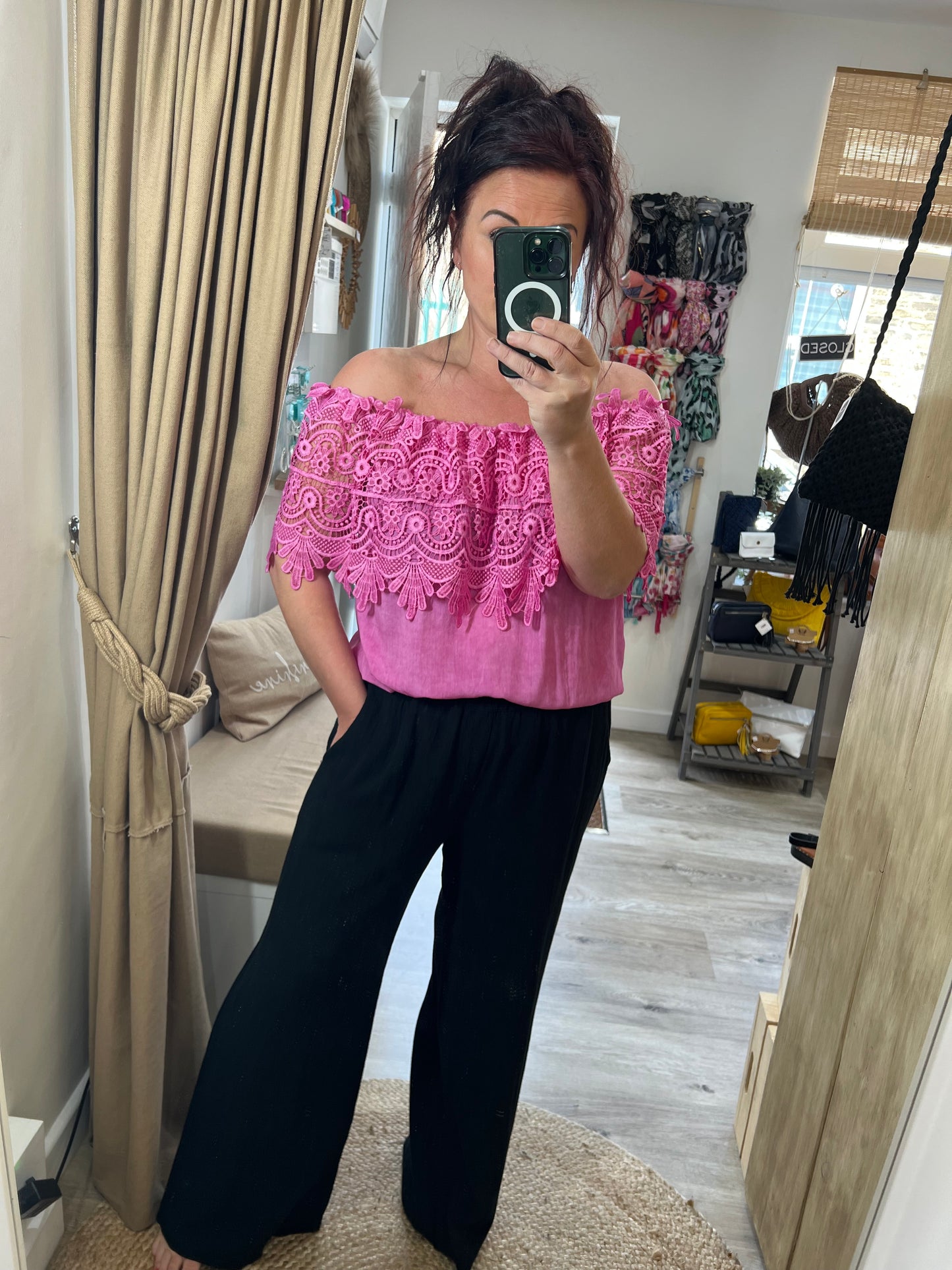 Lace Bardot Top - Cerise