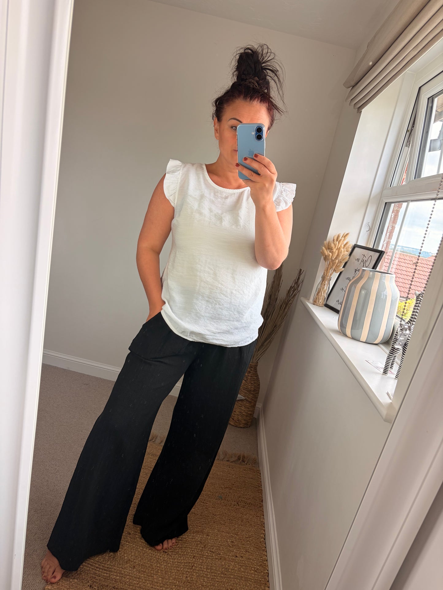Button Back Frill Sleeve Top - White