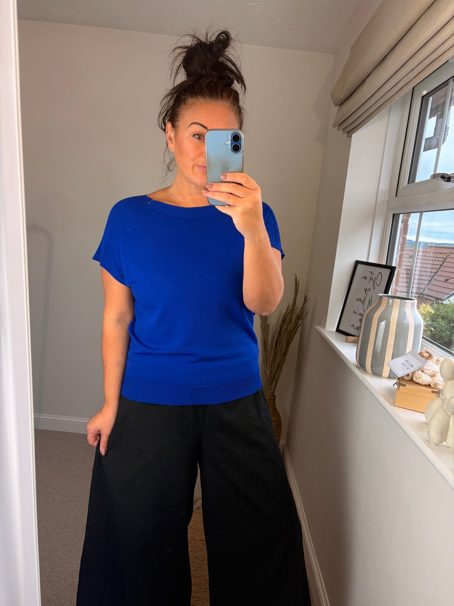 Fine Knit Slash Neck Top - Cobalt