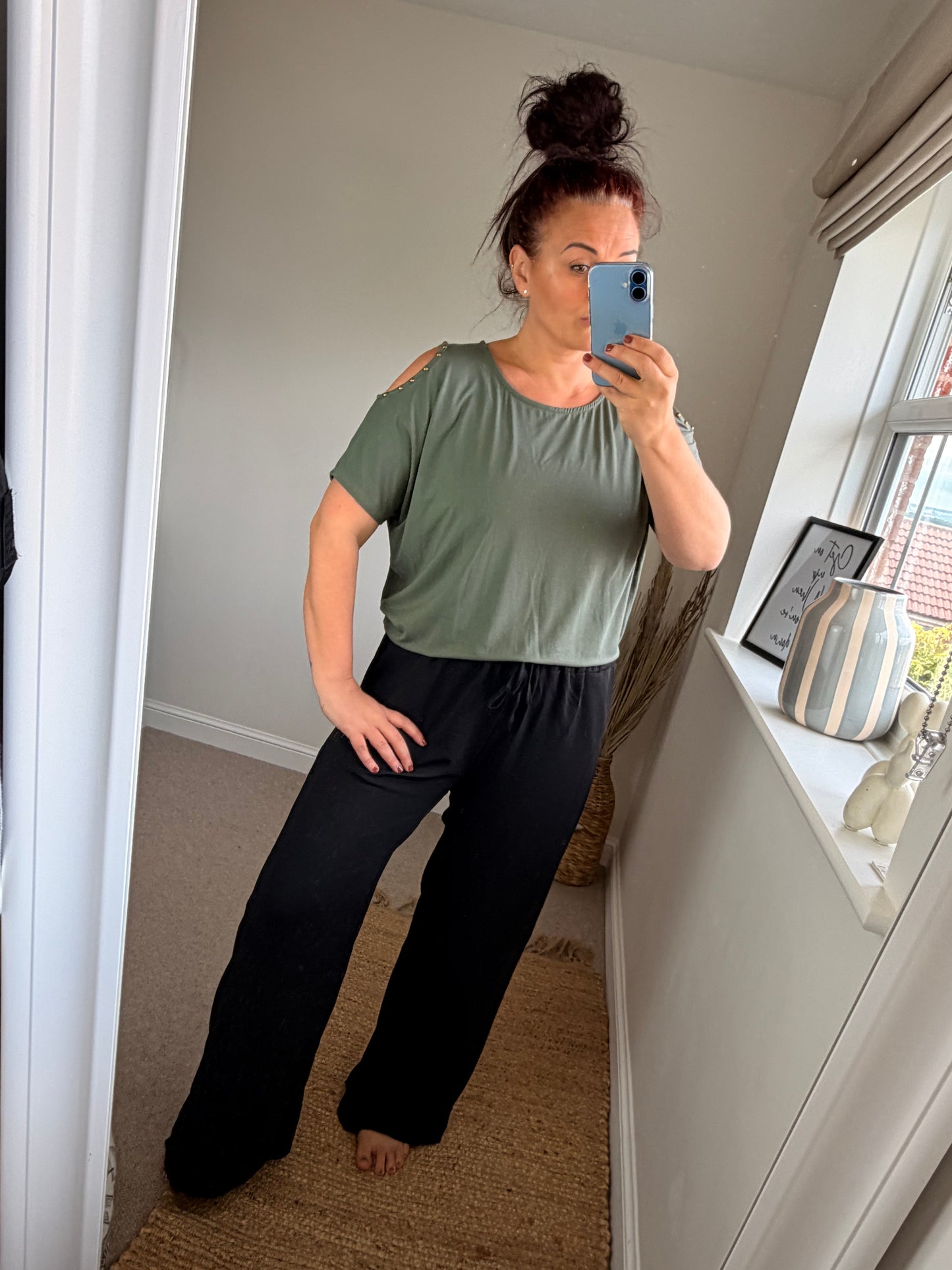 Cold Shoulder Studded Top - Khaki