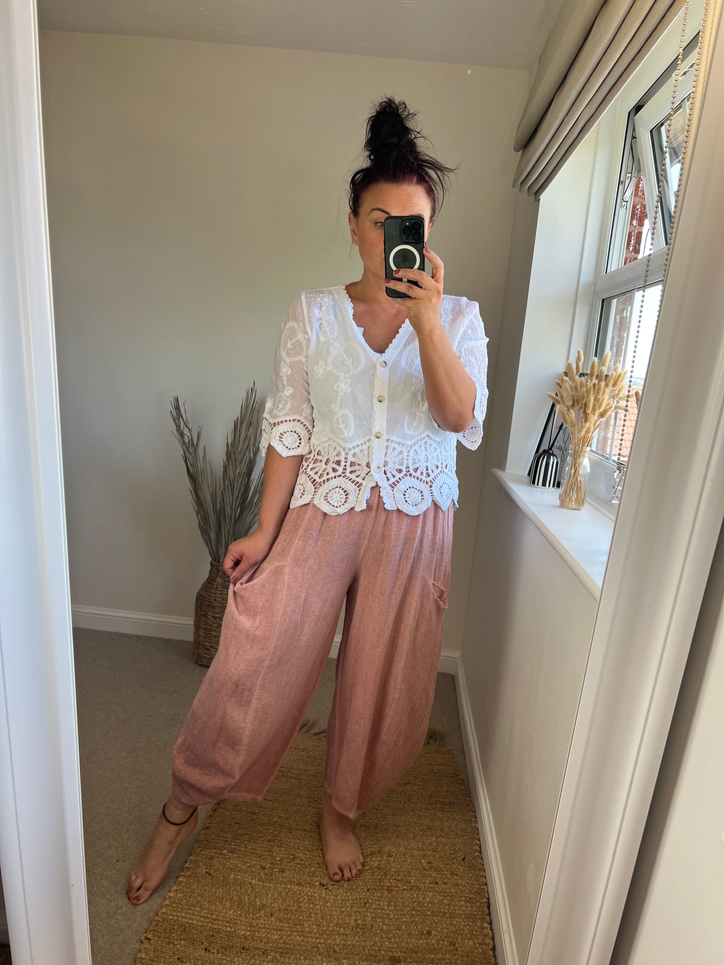 Barrel Leg Linen Trouser - Dusty Pink