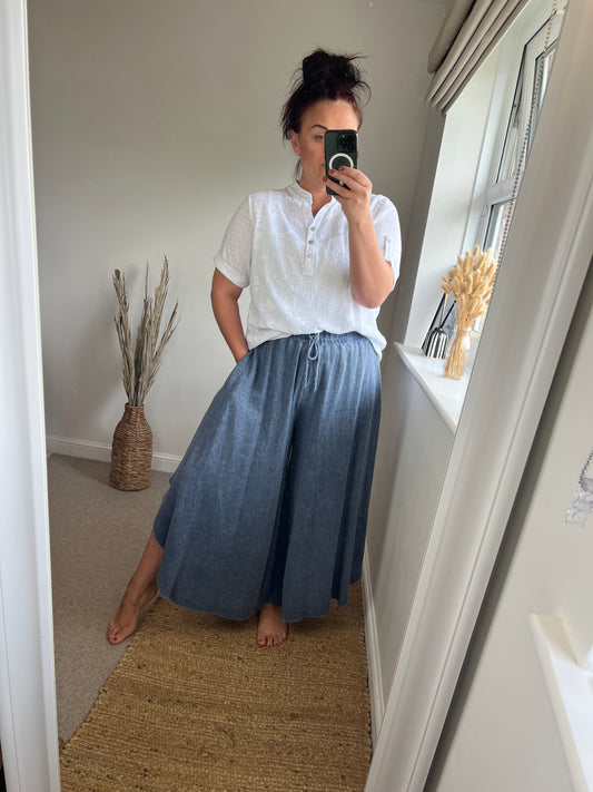 Linen Mix Floaty Trousers - Denim Blue