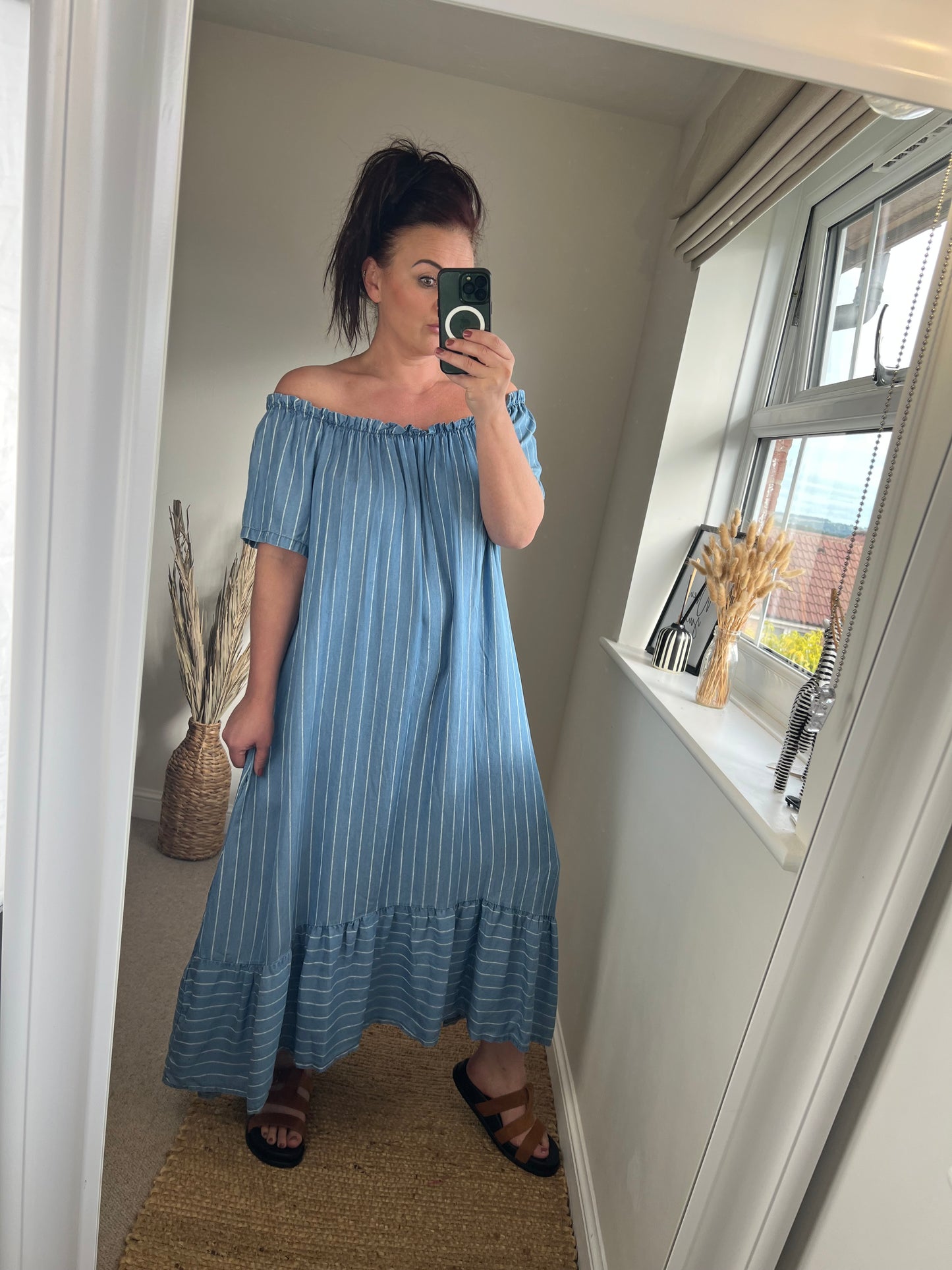 Denim Stripe Bardot Dress
