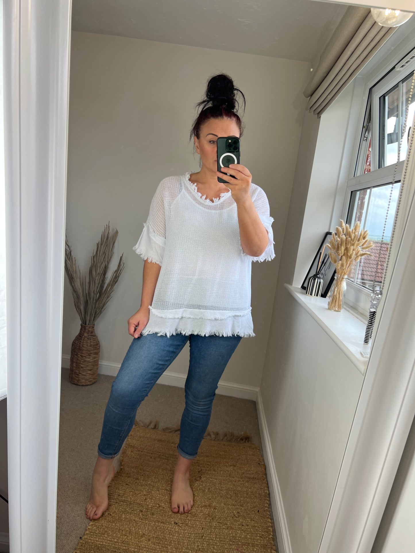 Raw Edge Mesh Top - White