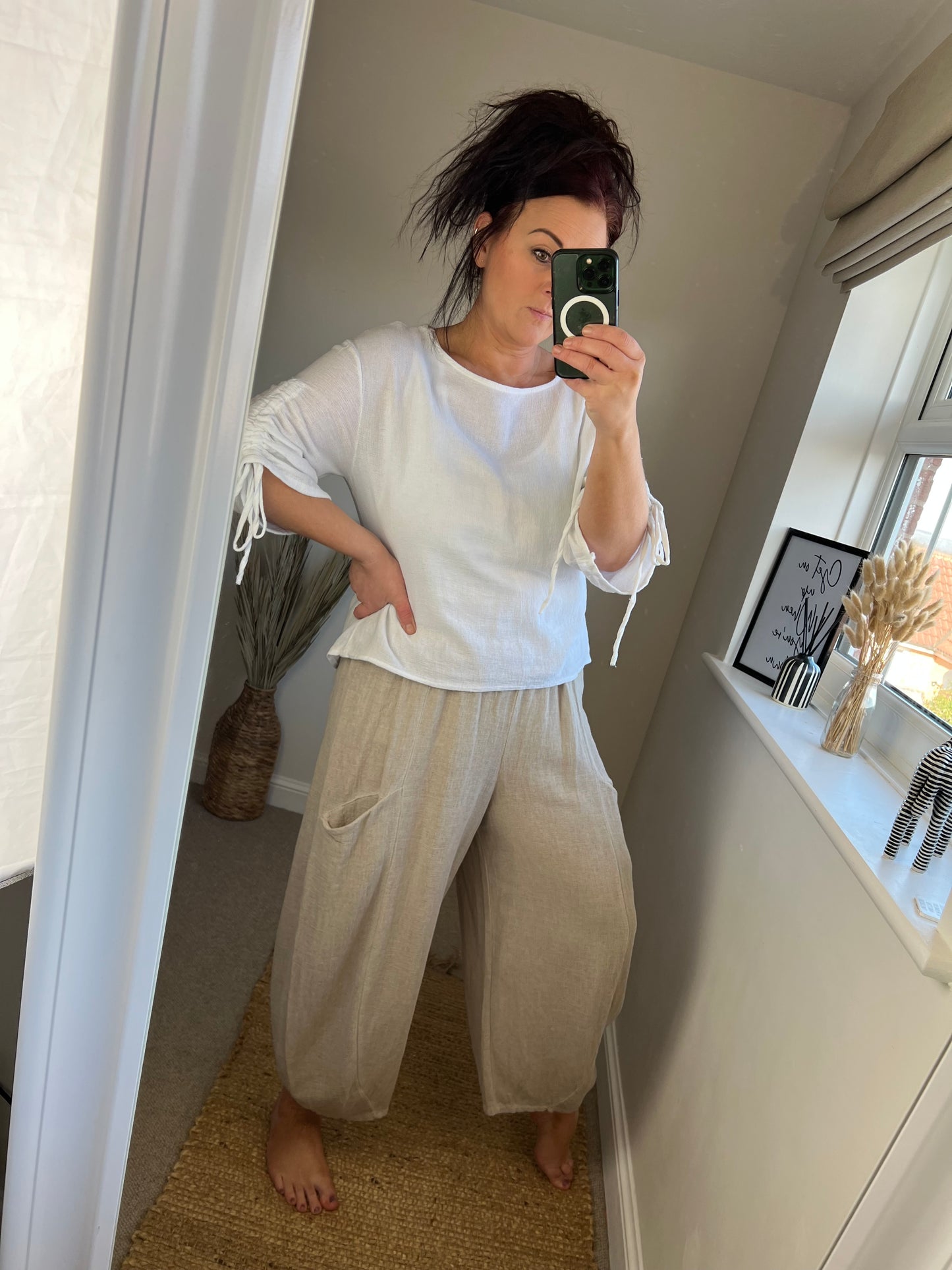 Linen Drawstring Arm Top - White