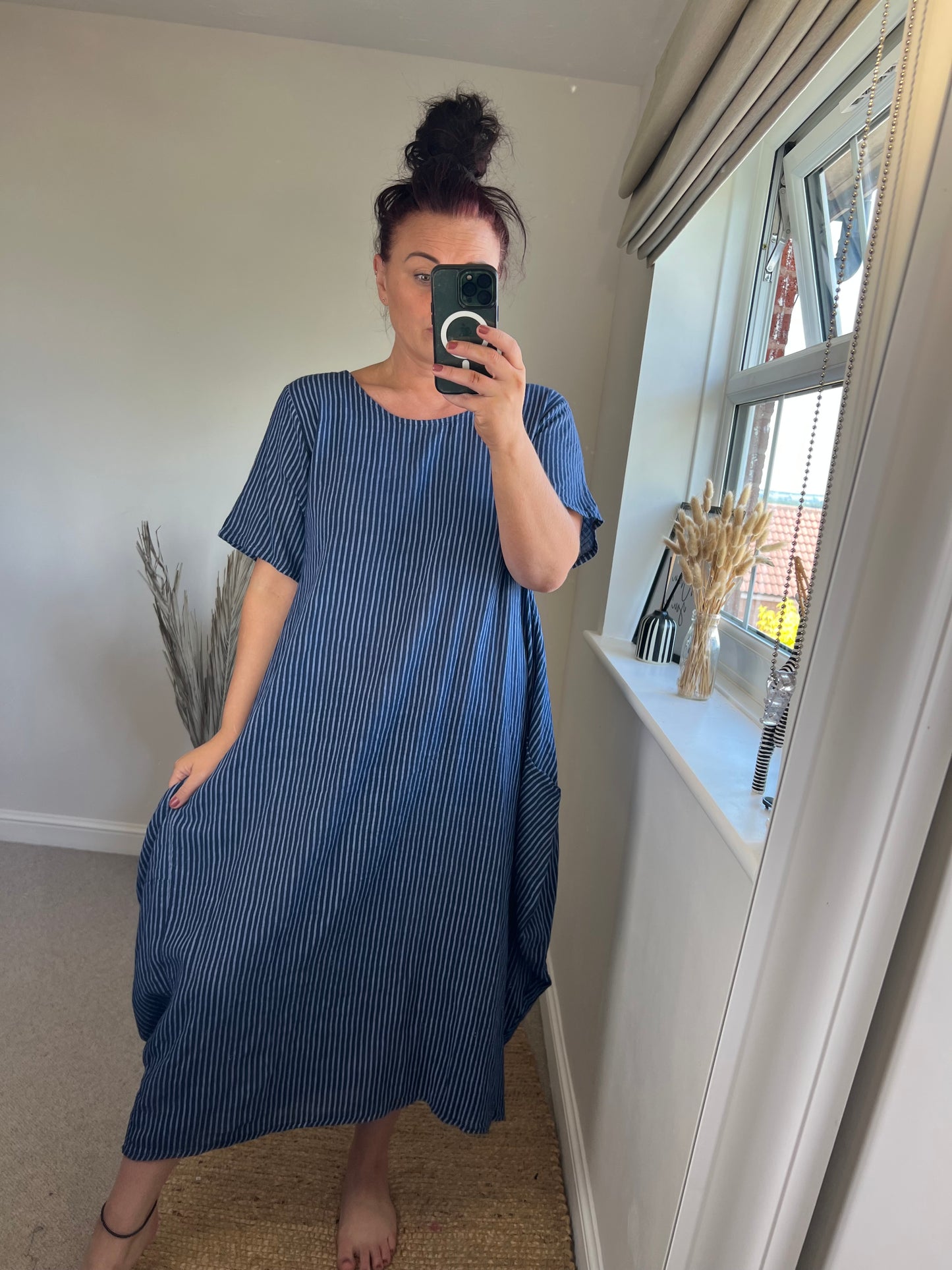 Cotton Stripe Cocoon Dress - Navy