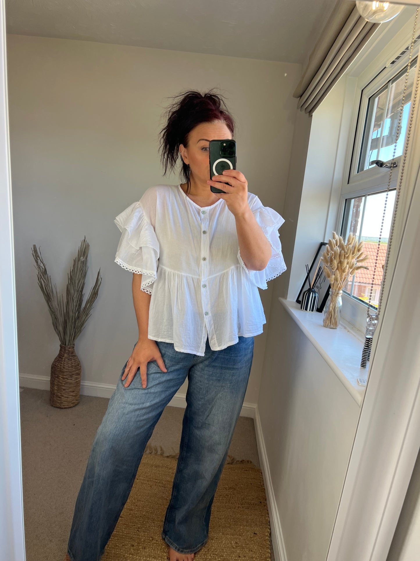 Ruffle Sleeve Smock Shirt - White