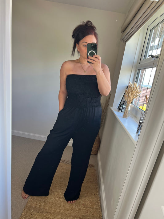 Shirred Strapless Jumpsuit - Black