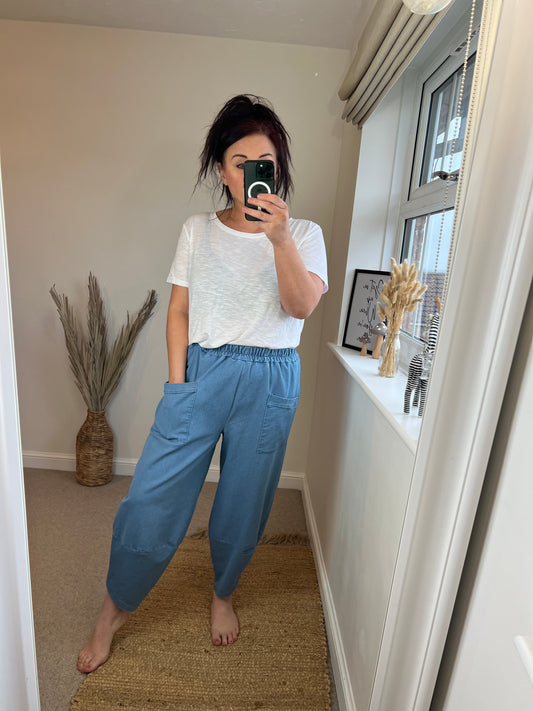 Barrel Leg Stretchy Denim Trousers - Light