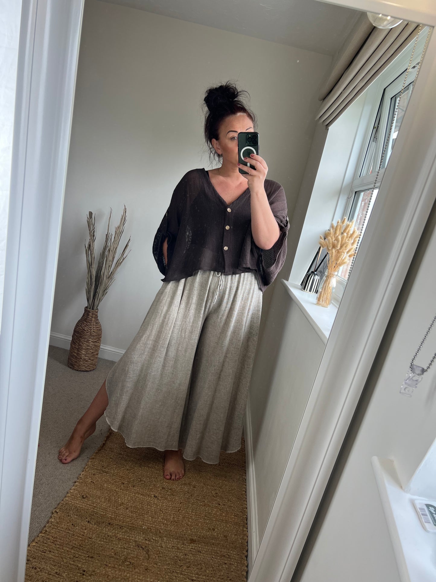 Linen Mix Floaty Trousers - Mocha