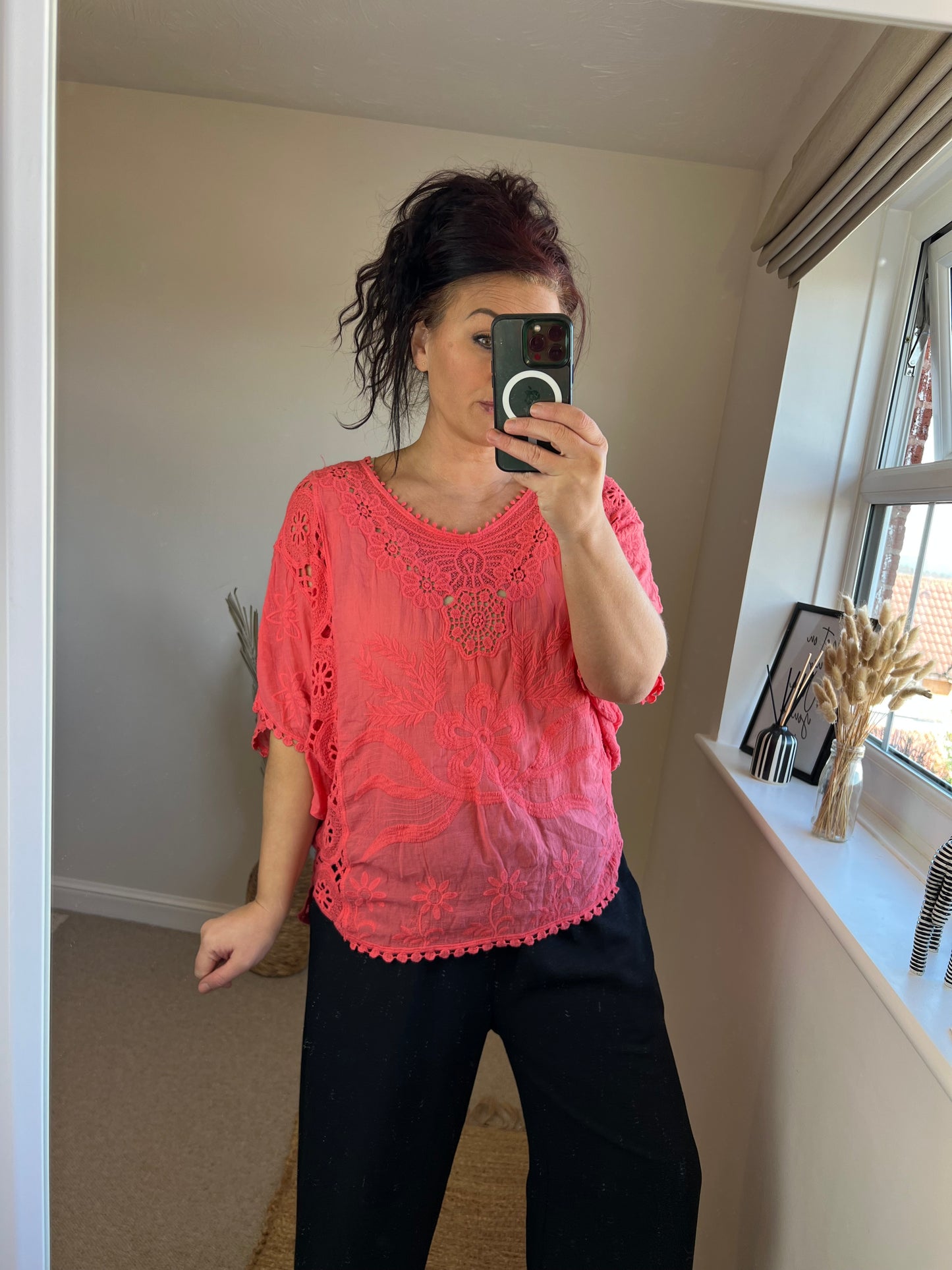 Embroidered Top - Coral
