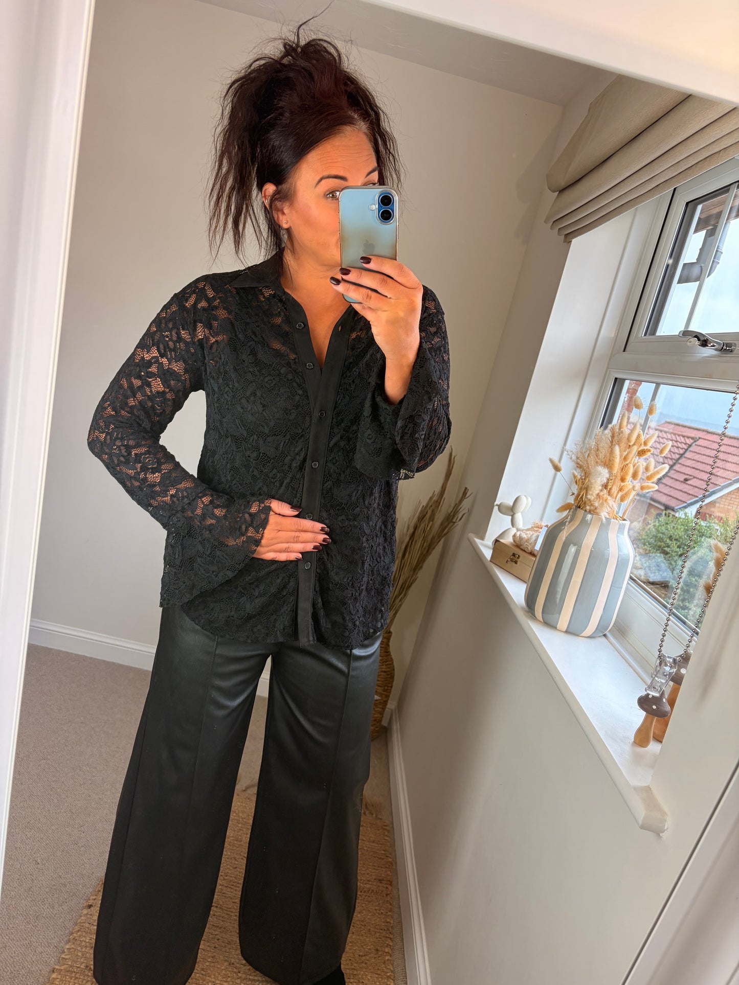 Lace Flute Sleeve Shirt - Black