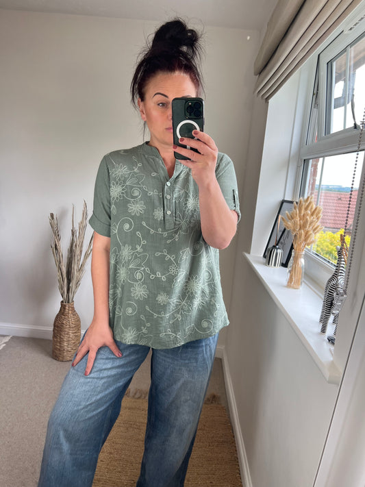 Cotton Shirt - Embroidered Khaki