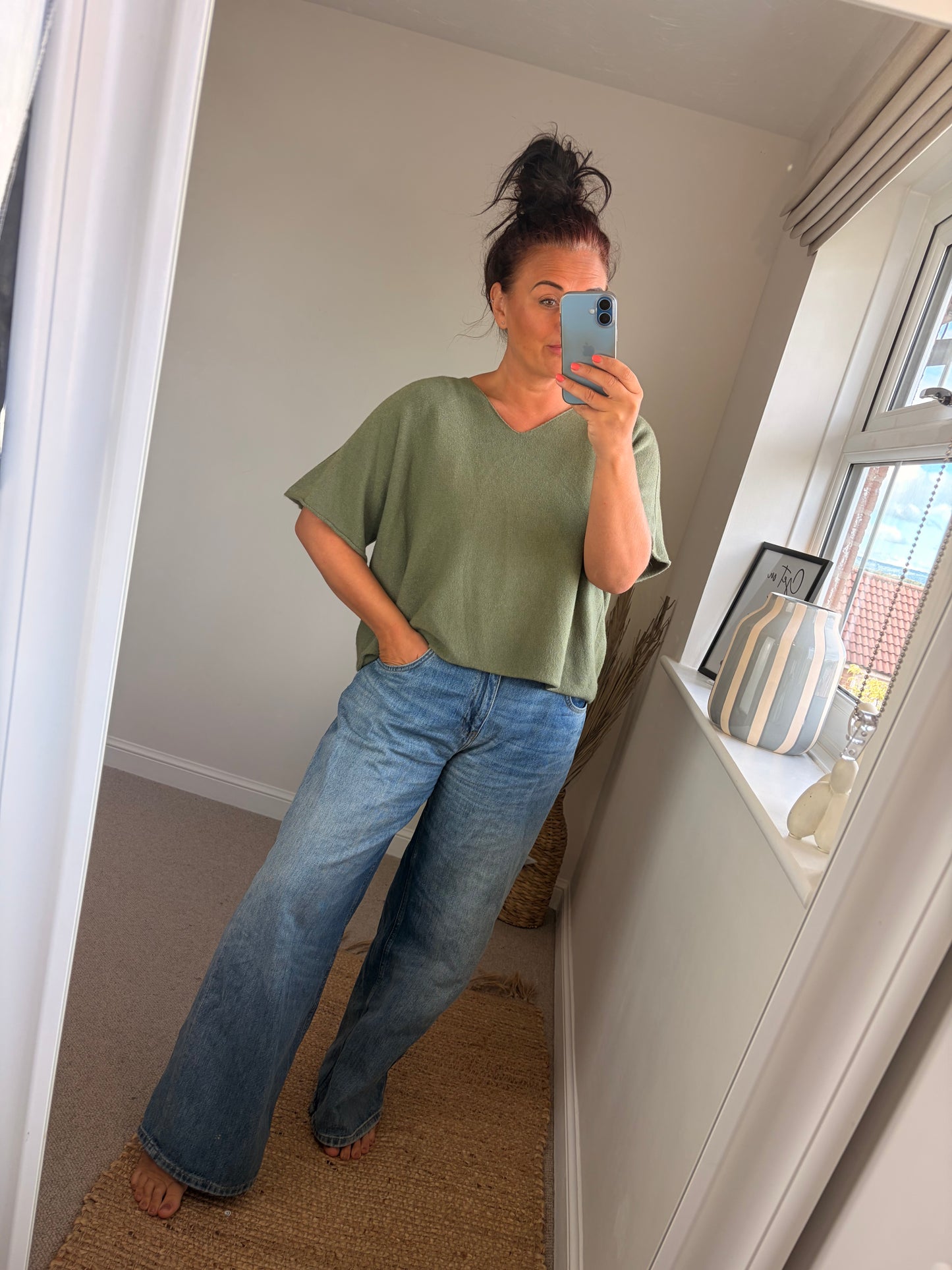 Boxy V Neck Short Sleeve Jumper - Khaki