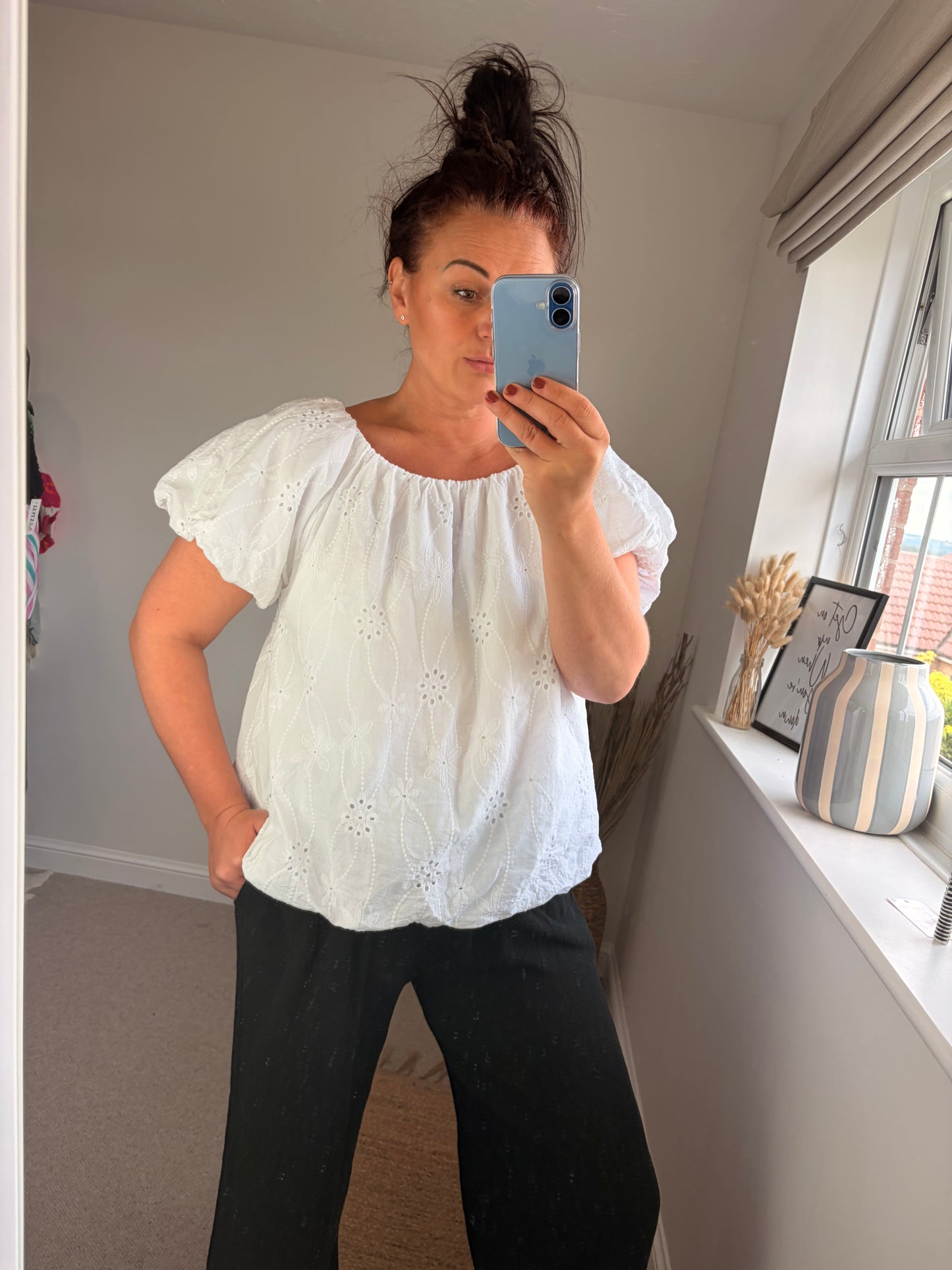 Broderie Puff Ball Top - White