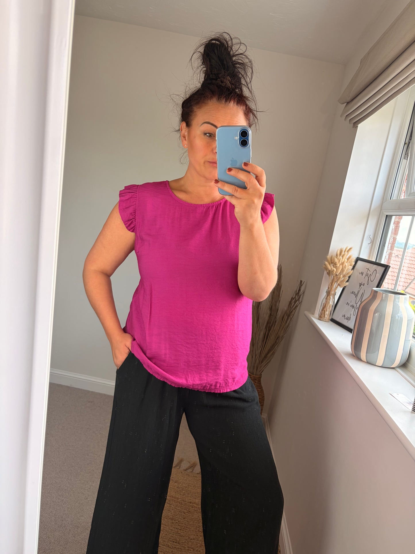 Button Back Frill Sleeve Top - Magenta