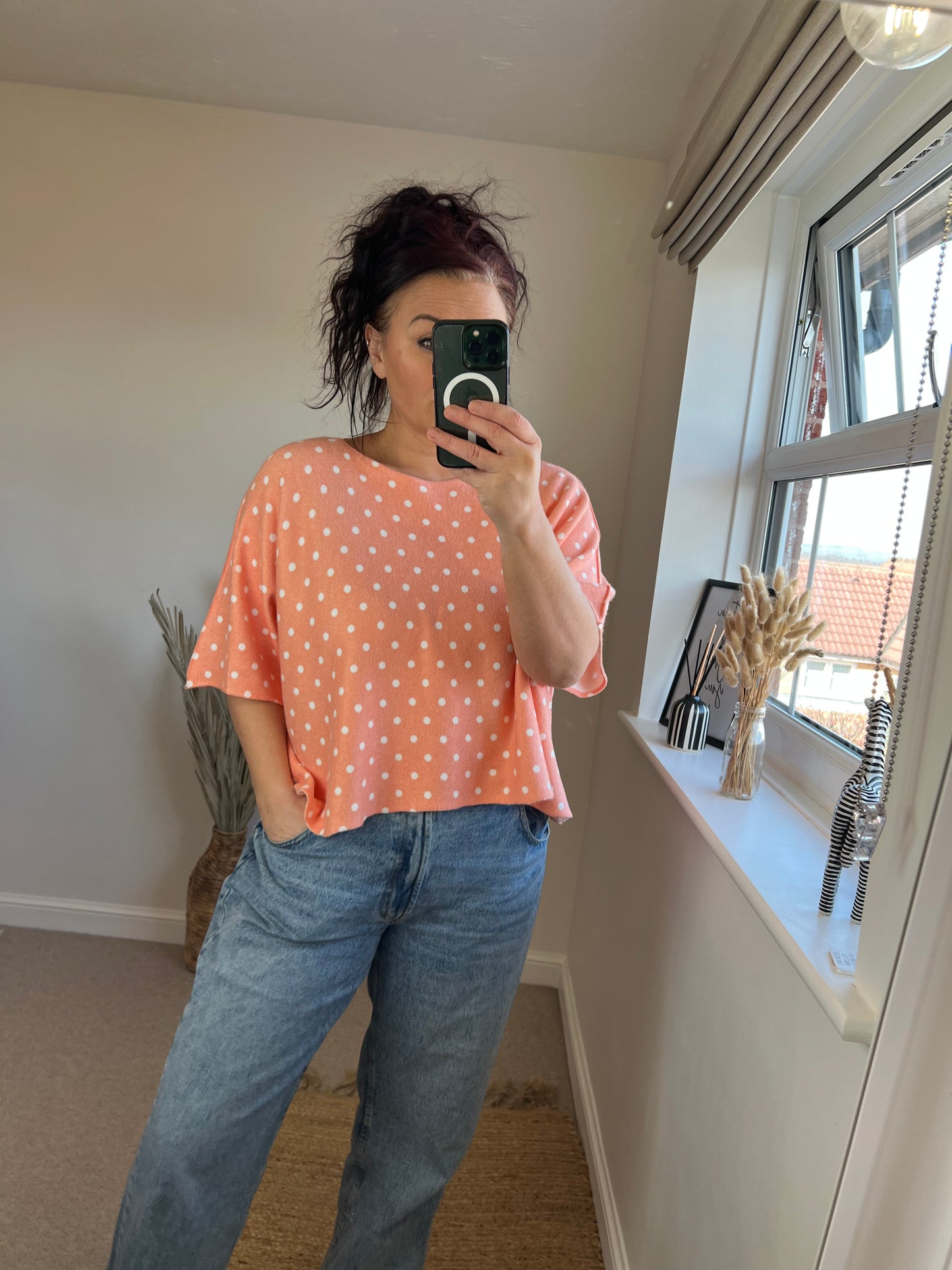 Cropped Sleeve Fine Knit Jumper - Orange Spots
