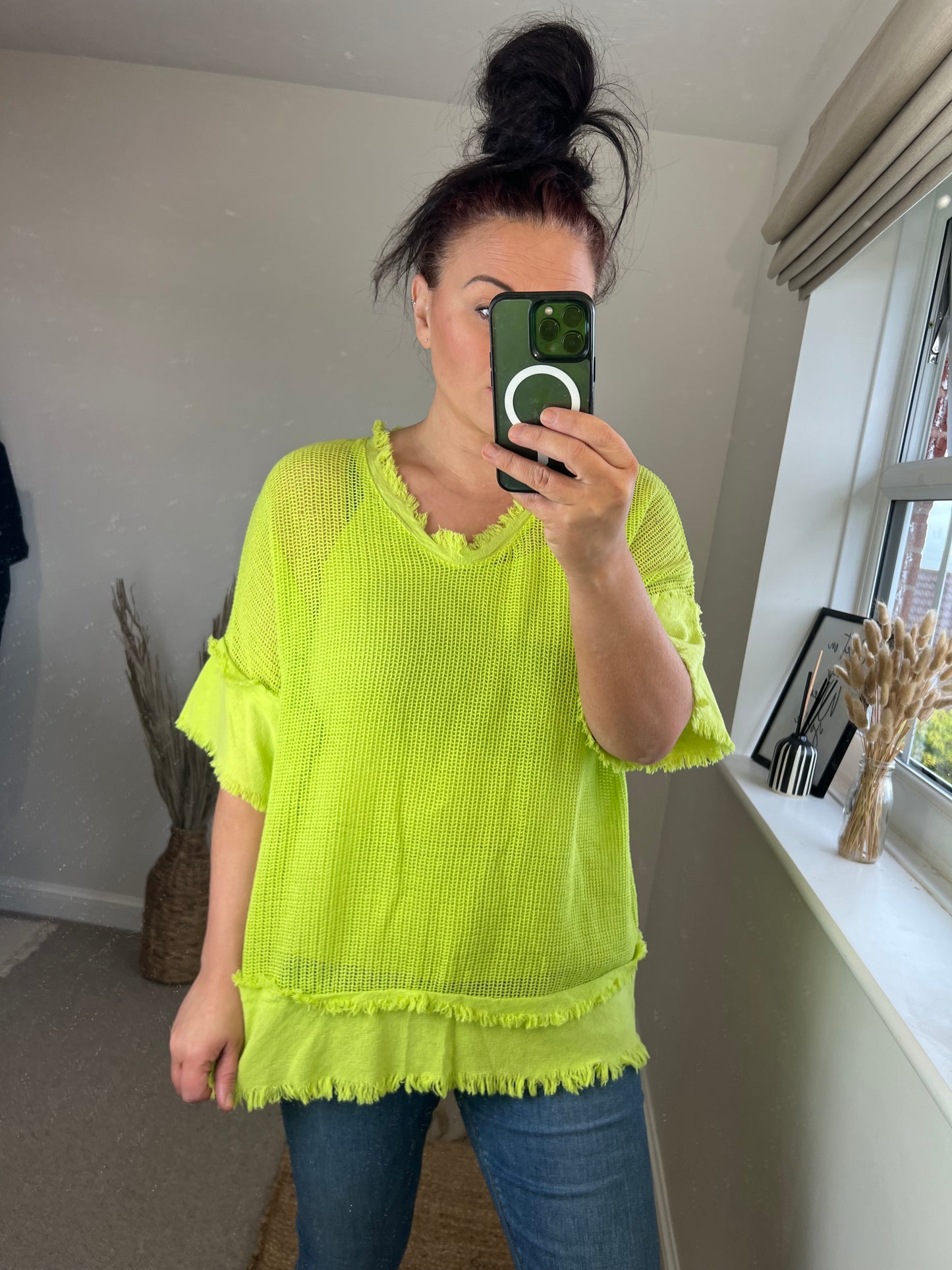 Raw Edge Mesh Top - Lime