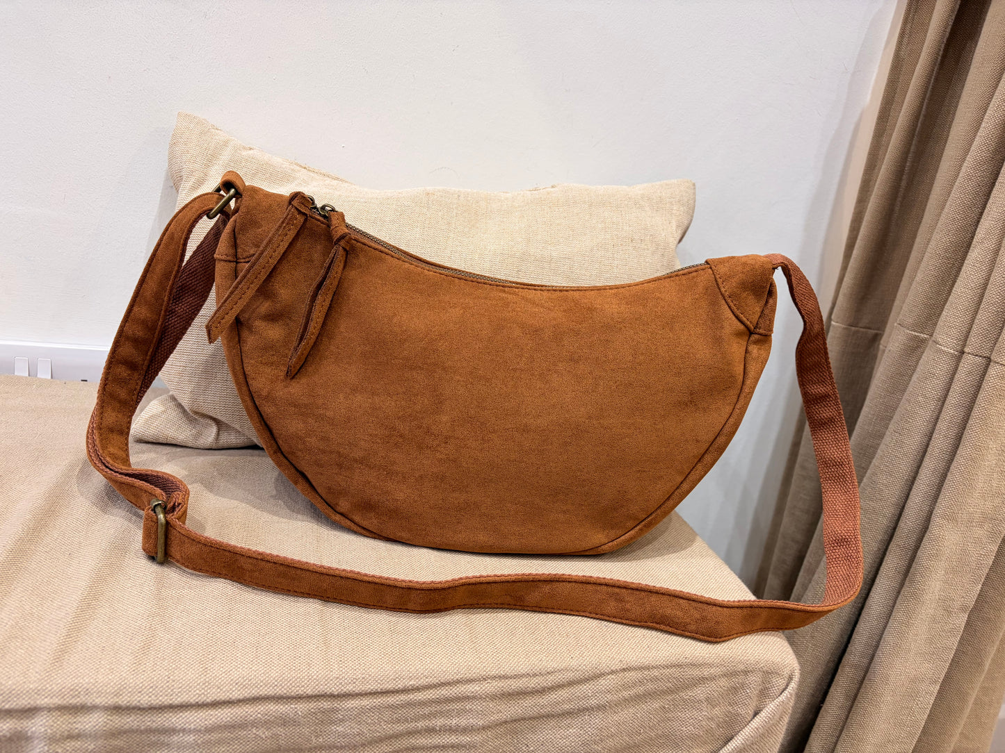 Faux Suede Half Moon Crossbody Bag - Tan