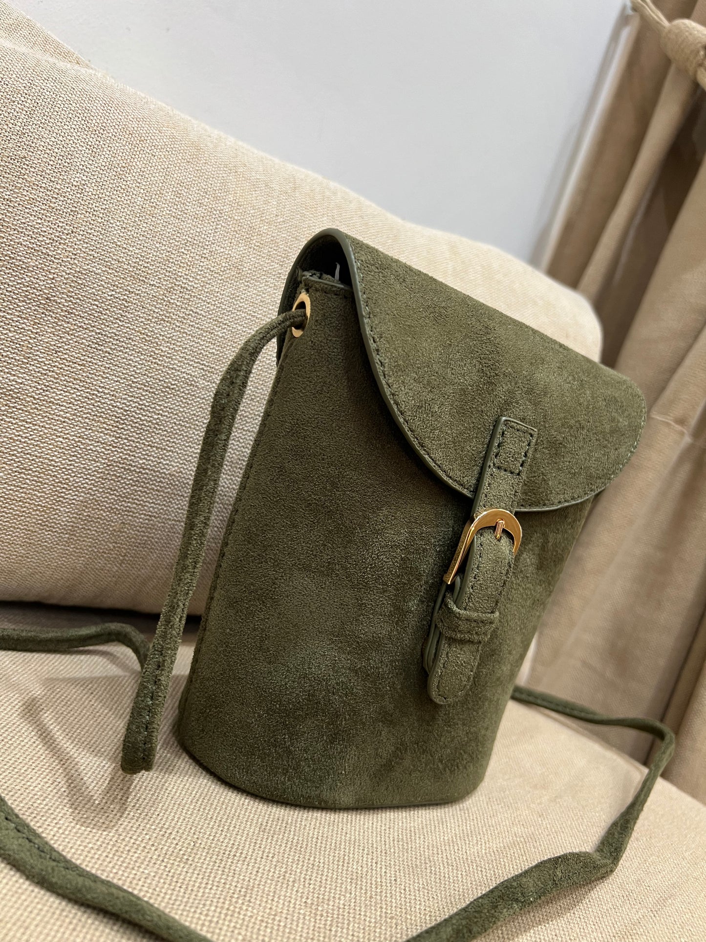 Faux Suede Bucket Crossbody Bag - Khaki