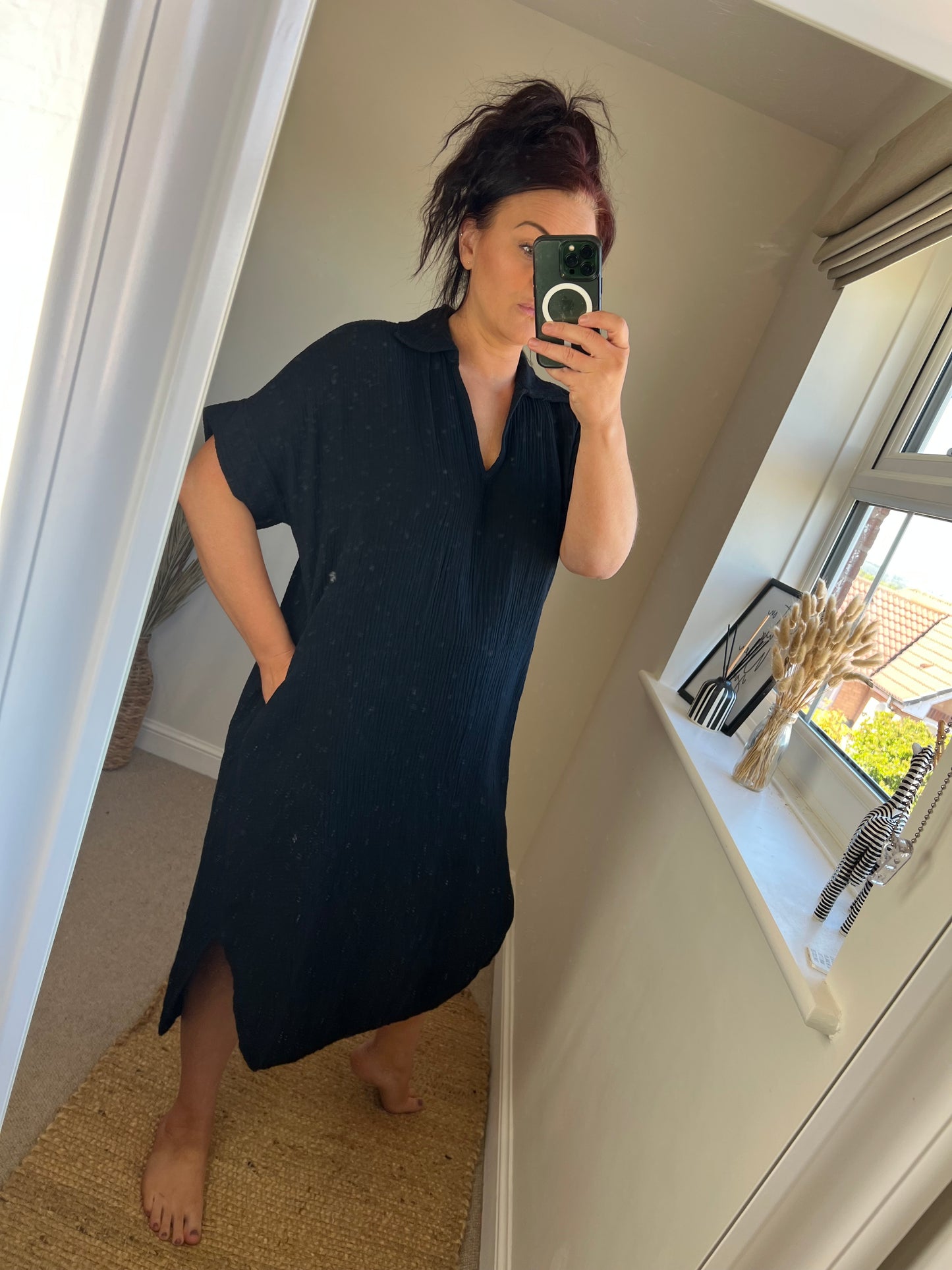 Crinkle Cotton Tunic Dress - Black