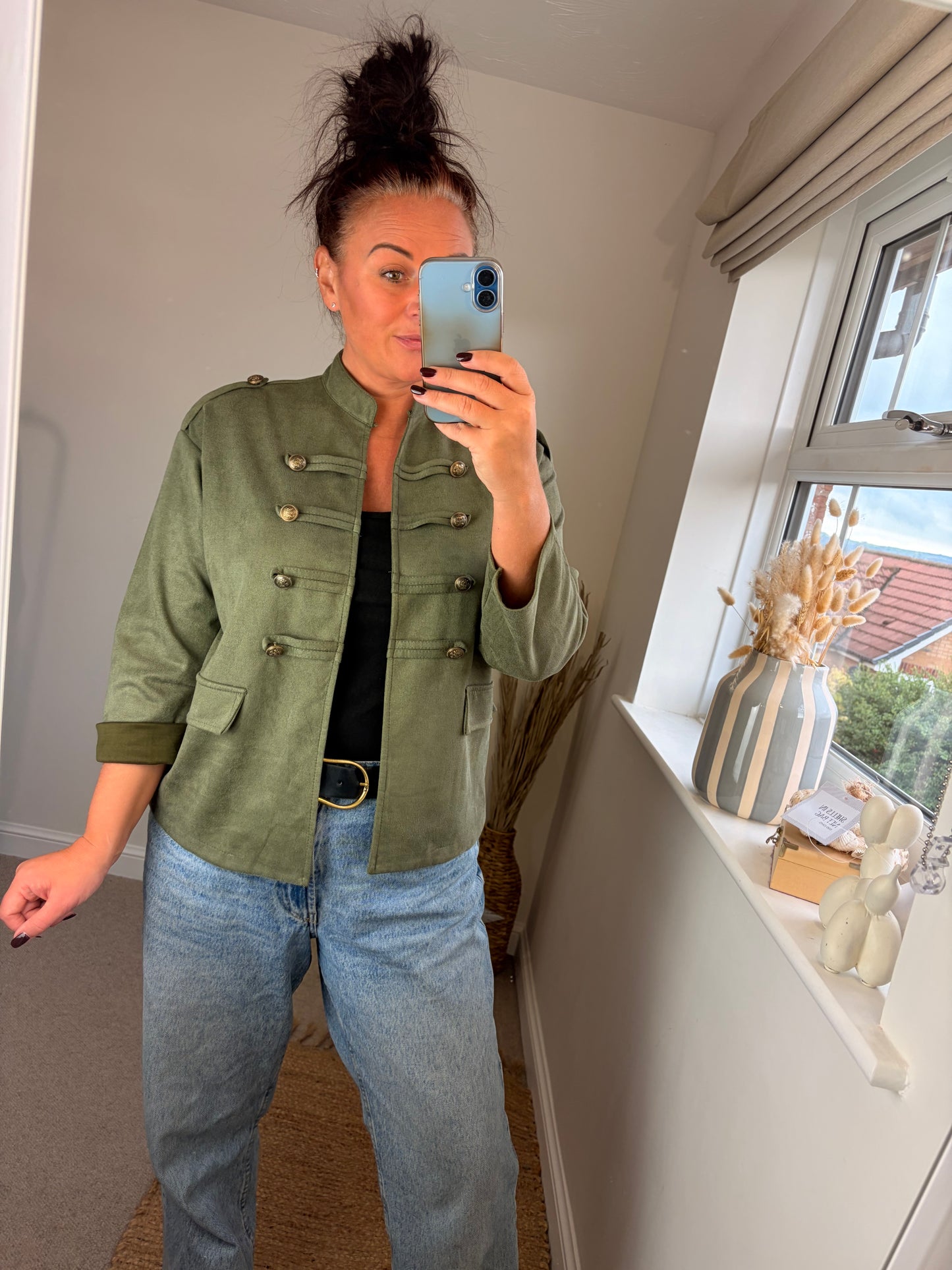Faux Suede Military Jacket - Khaki