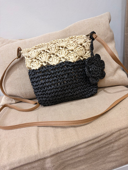 Small Straw Crossbody Bag - Black