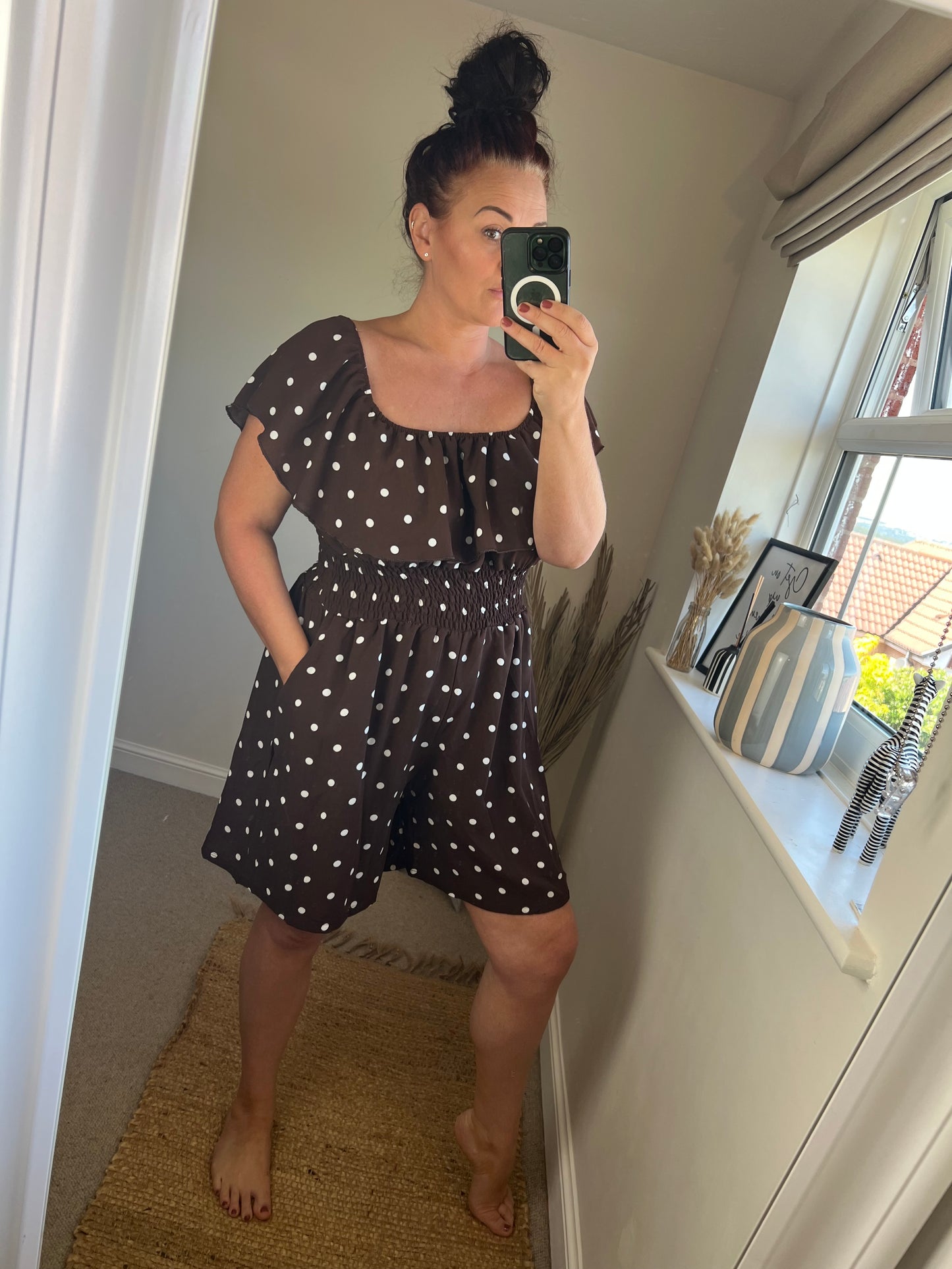 Shirred Waist Playsuit - Spotty Chocolate