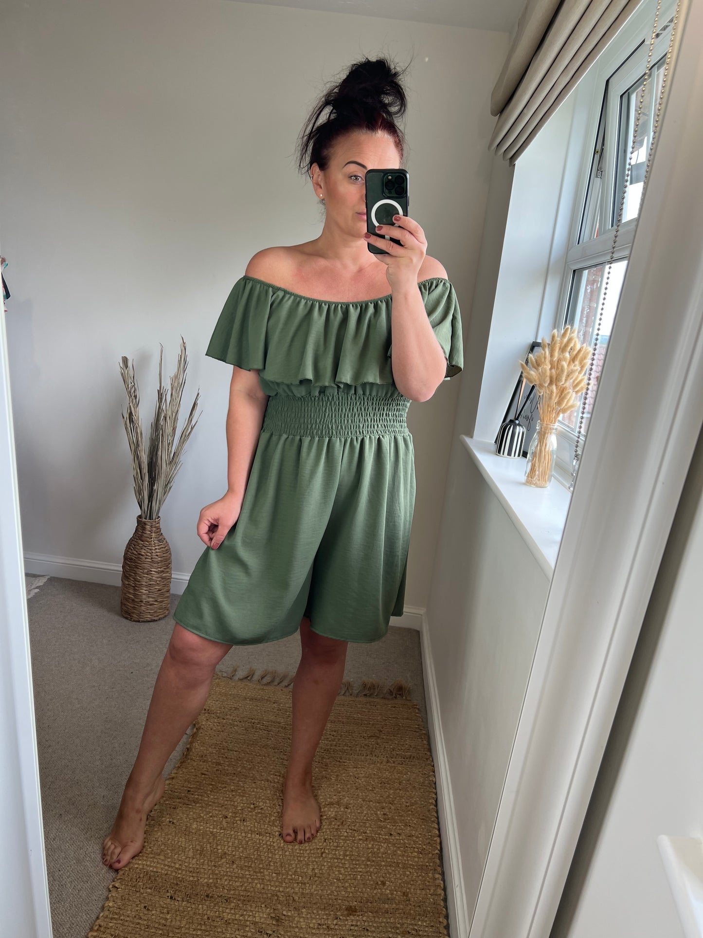 Shirred Waist Playsuit - Khaki