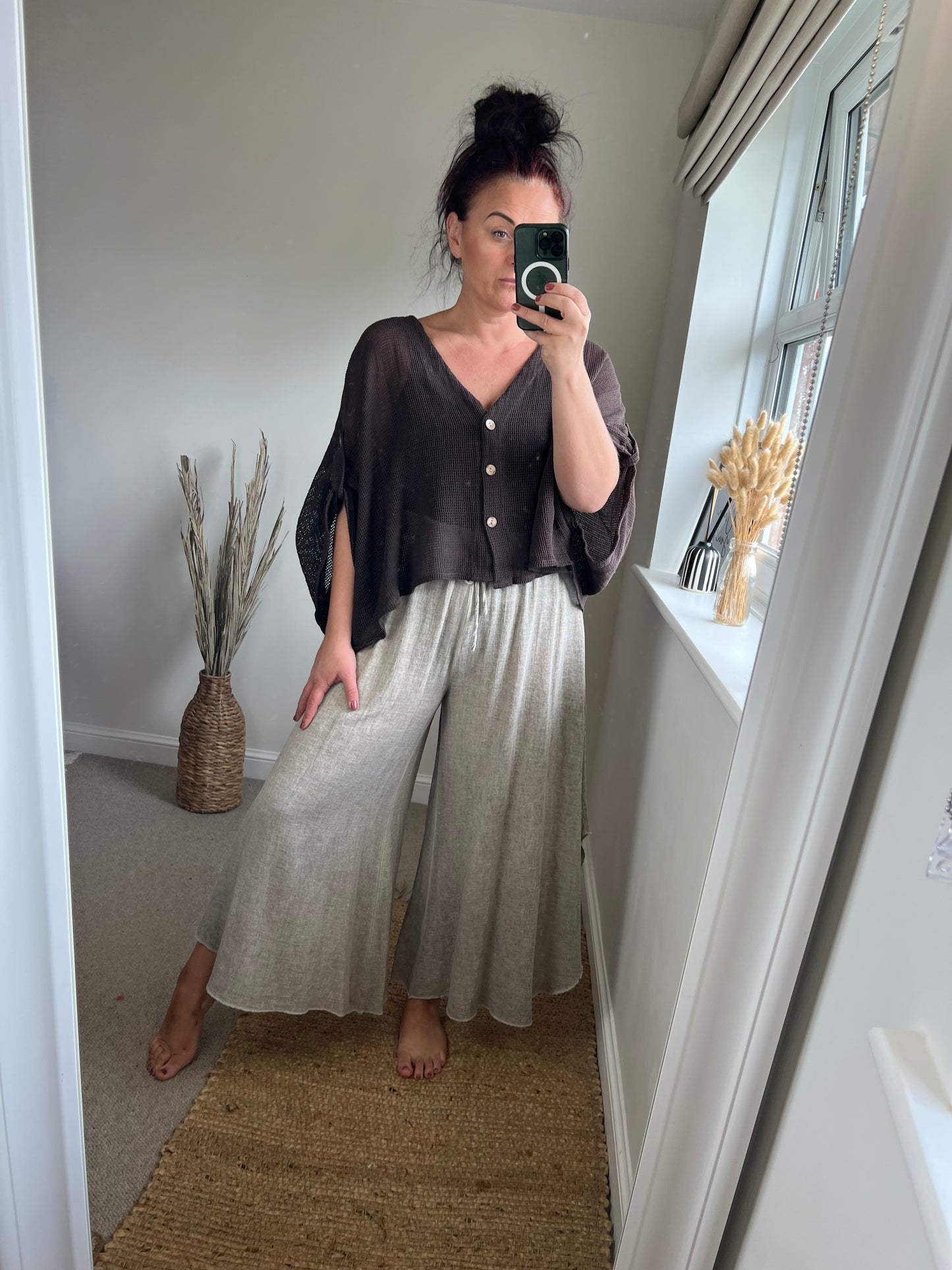 Linen Mix Floaty Trousers - Mocha
