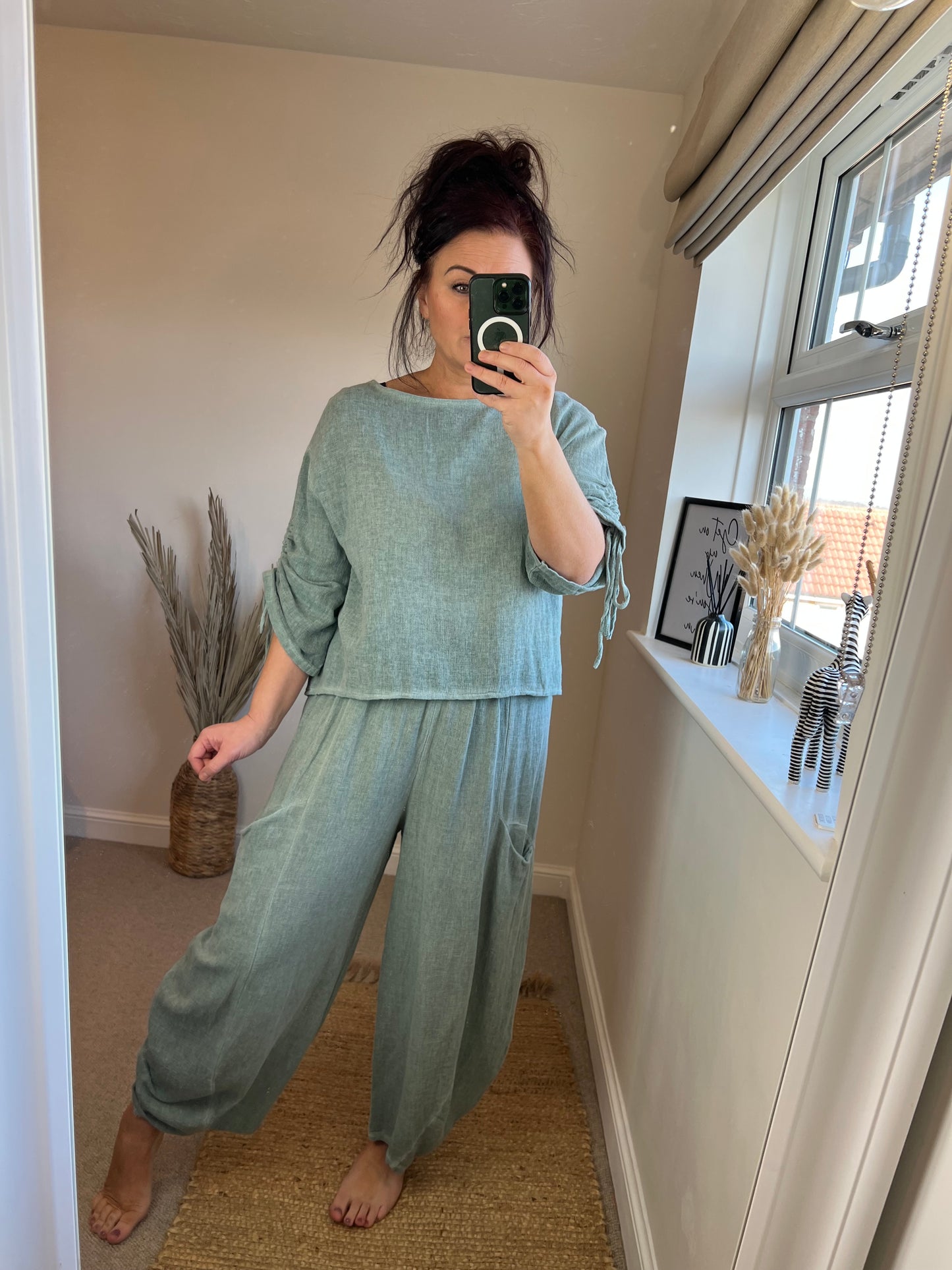 Linen Drawstring Arm Top - Sage