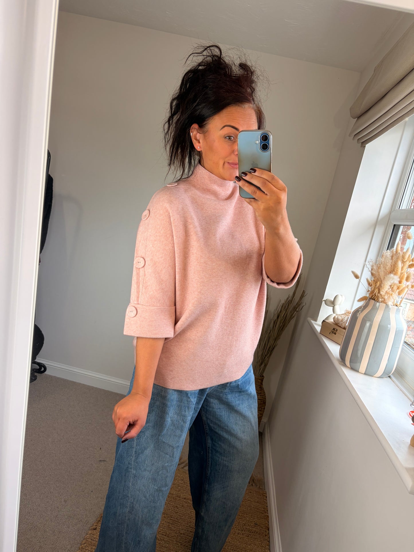 Button Sleeve Funnel Neck Jumper - Pink