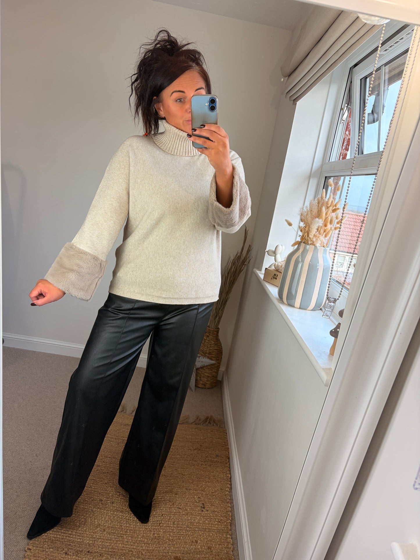 Faux Fur Cuffed Jumper - Cream