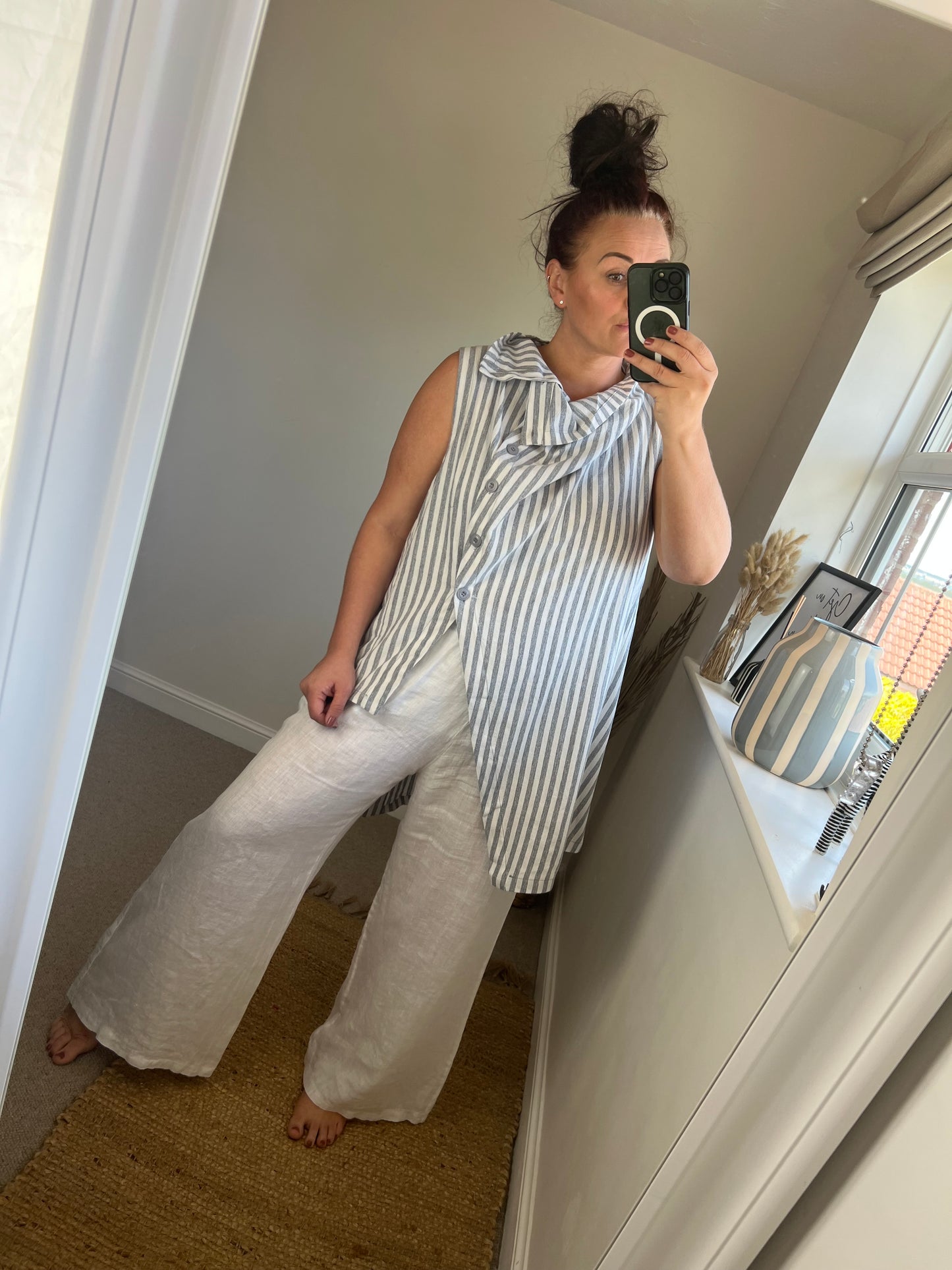 Premium Linen Long Waistcoat - Stripe Blue