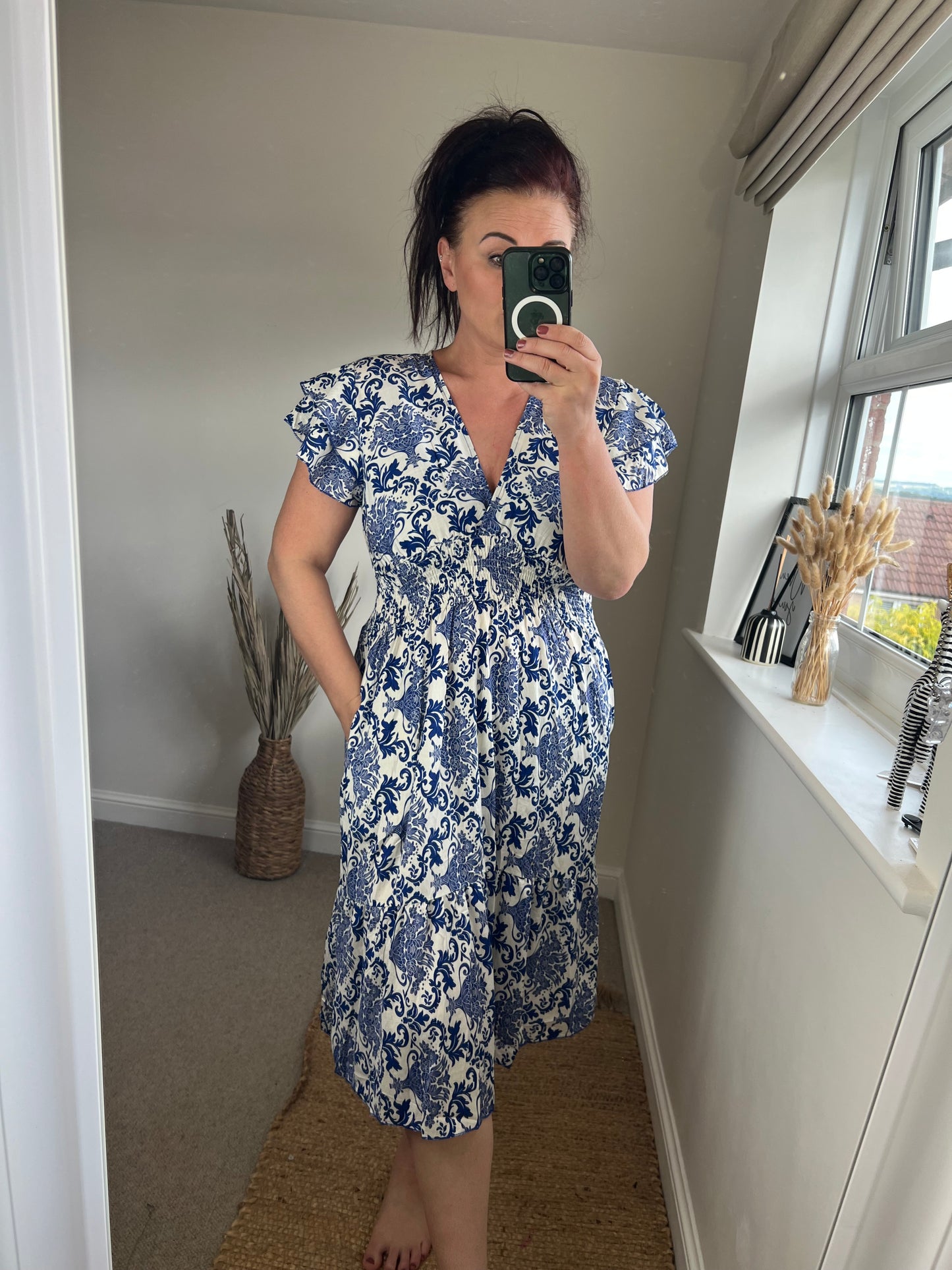 Shirred V Neck Dress - Cobalt