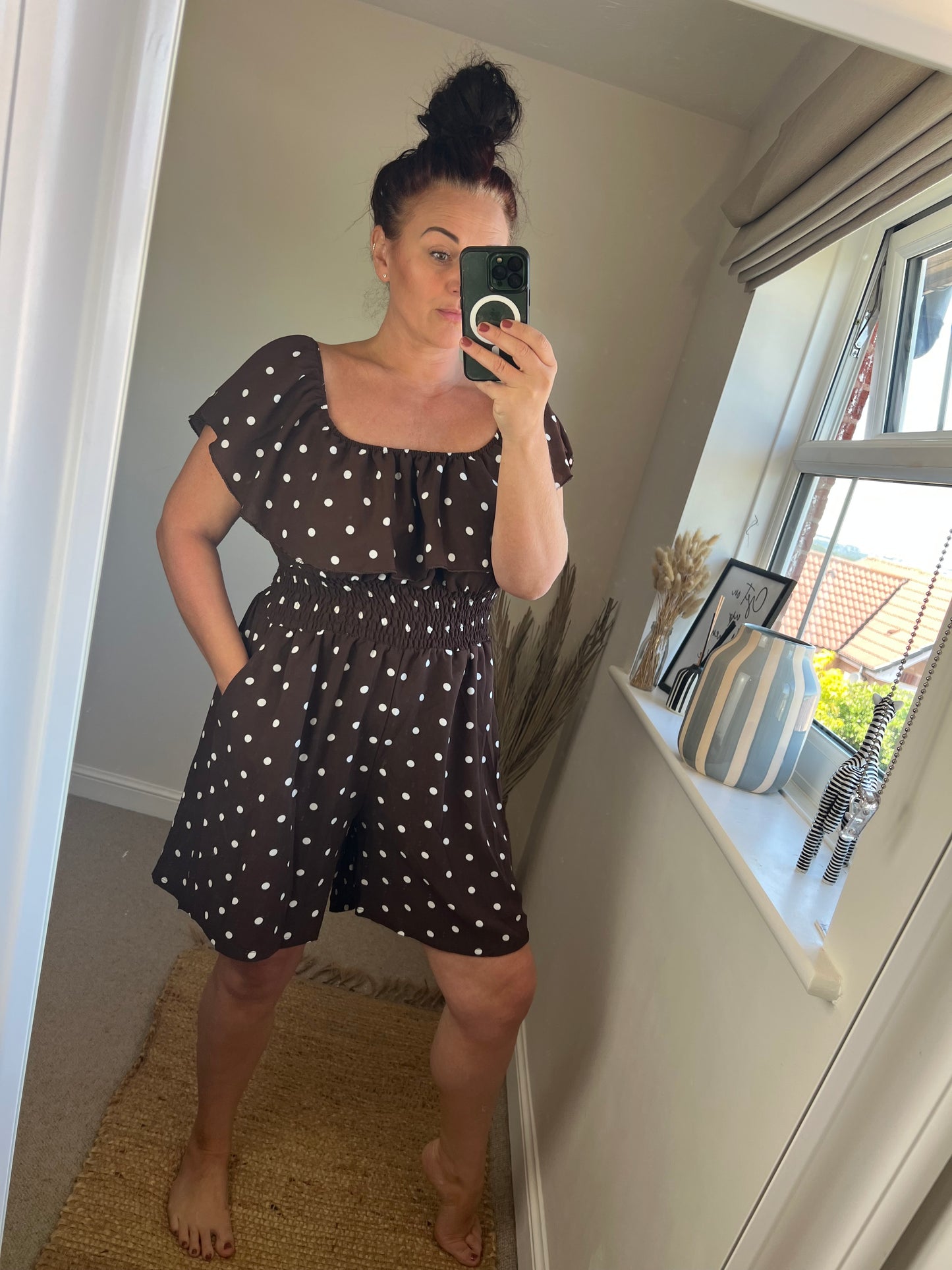 Shirred Waist Playsuit - Spotty Chocolate