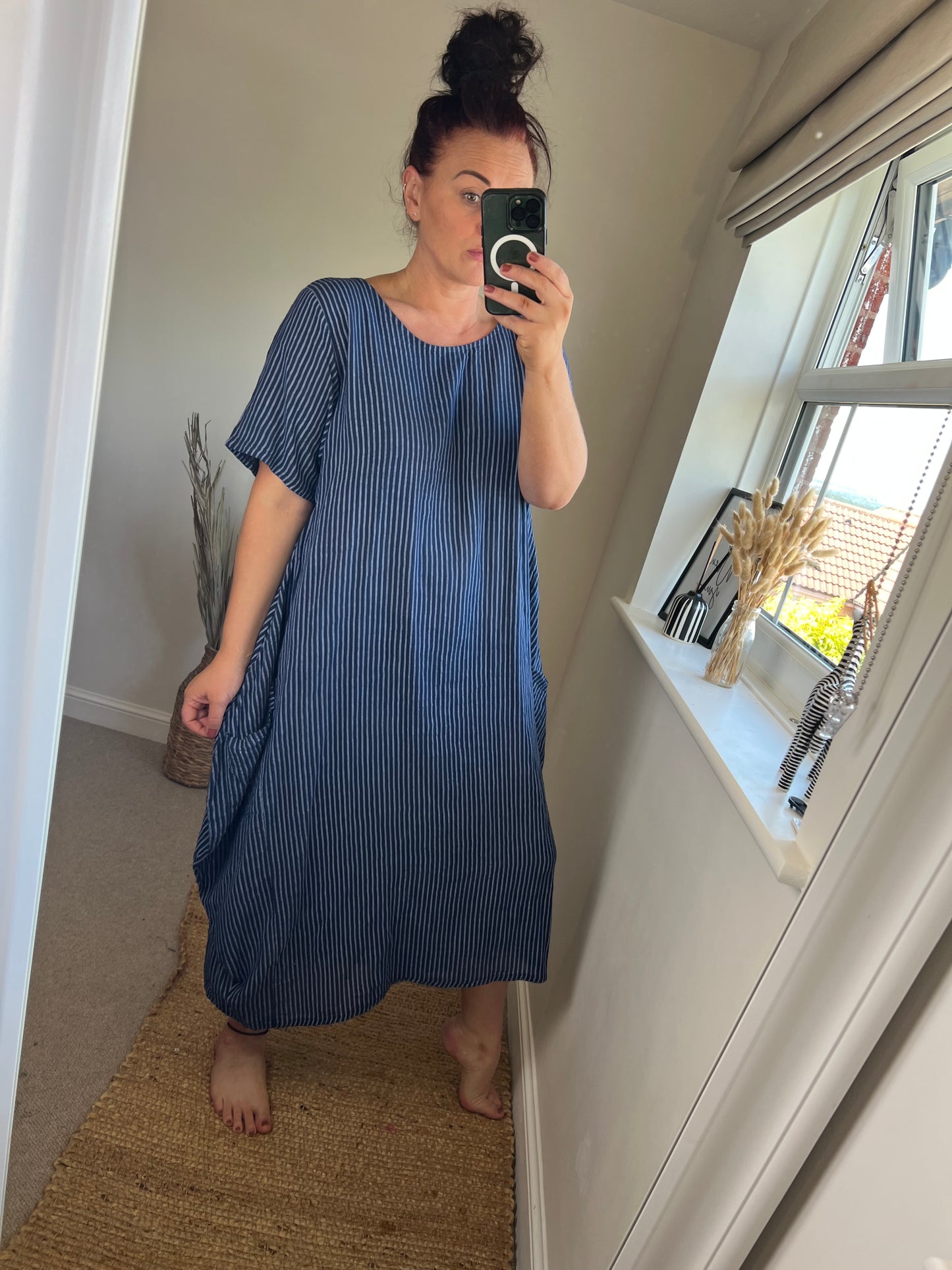 Cotton Stripe Cocoon Dress - Navy