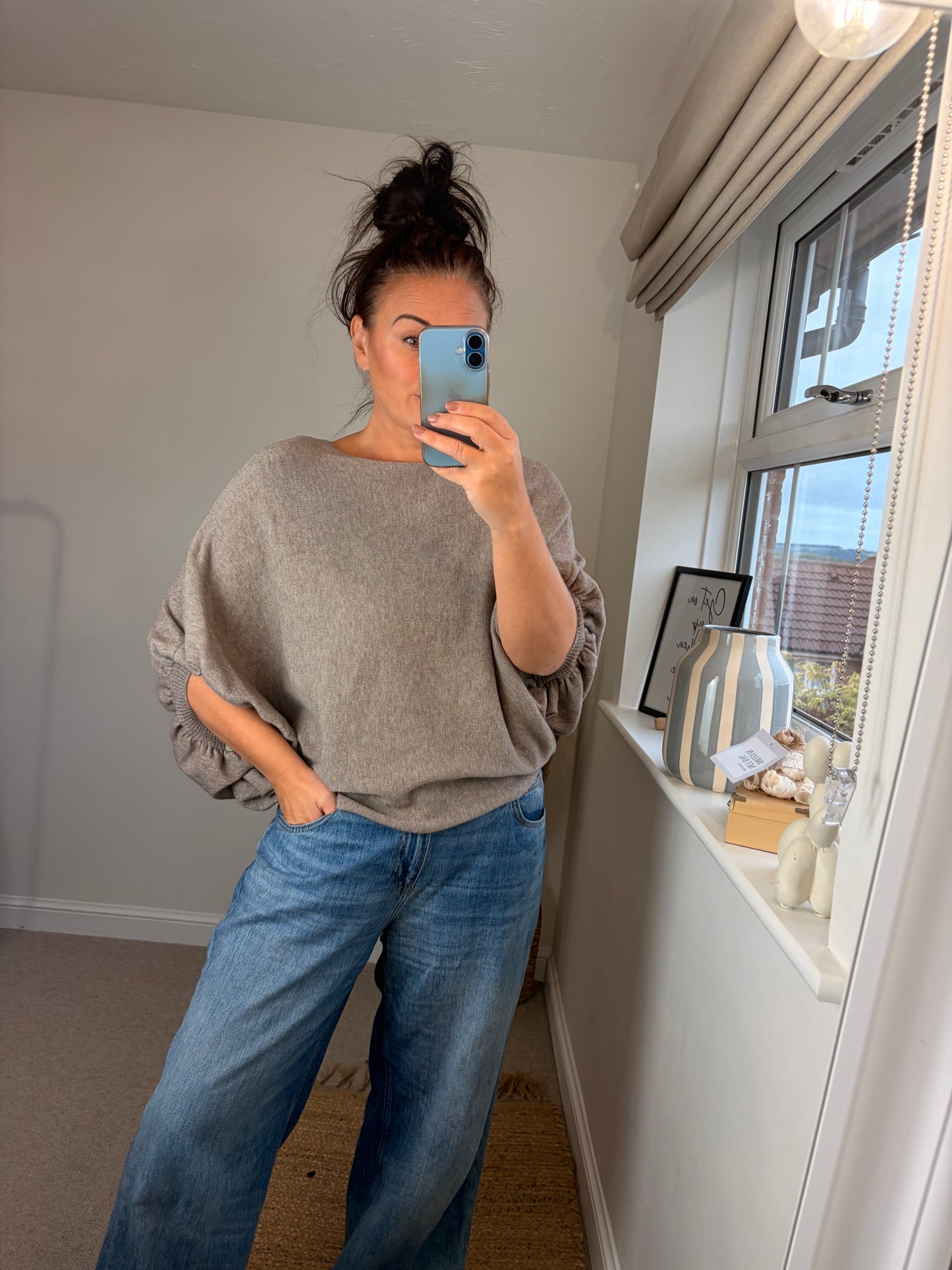 Button Back Batwing Fine Knit Jumper - Oatmeal
