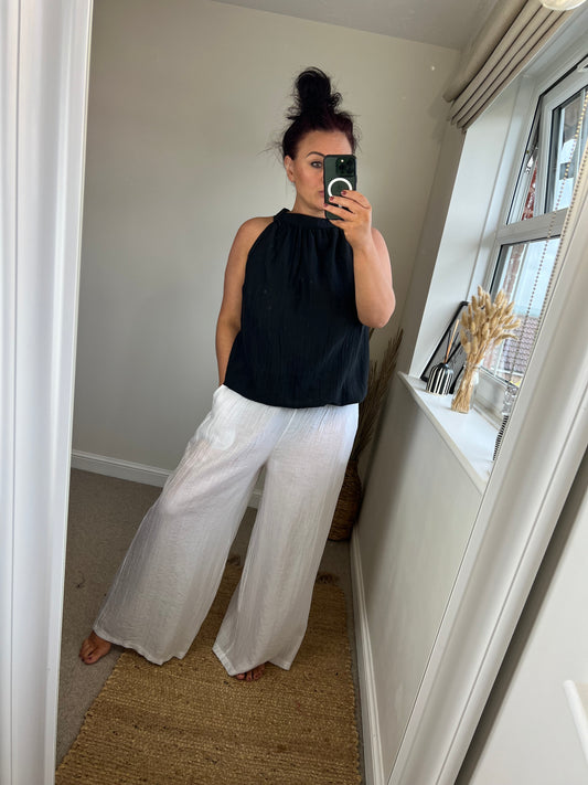 Crinkle Wide Leg Trousers - White