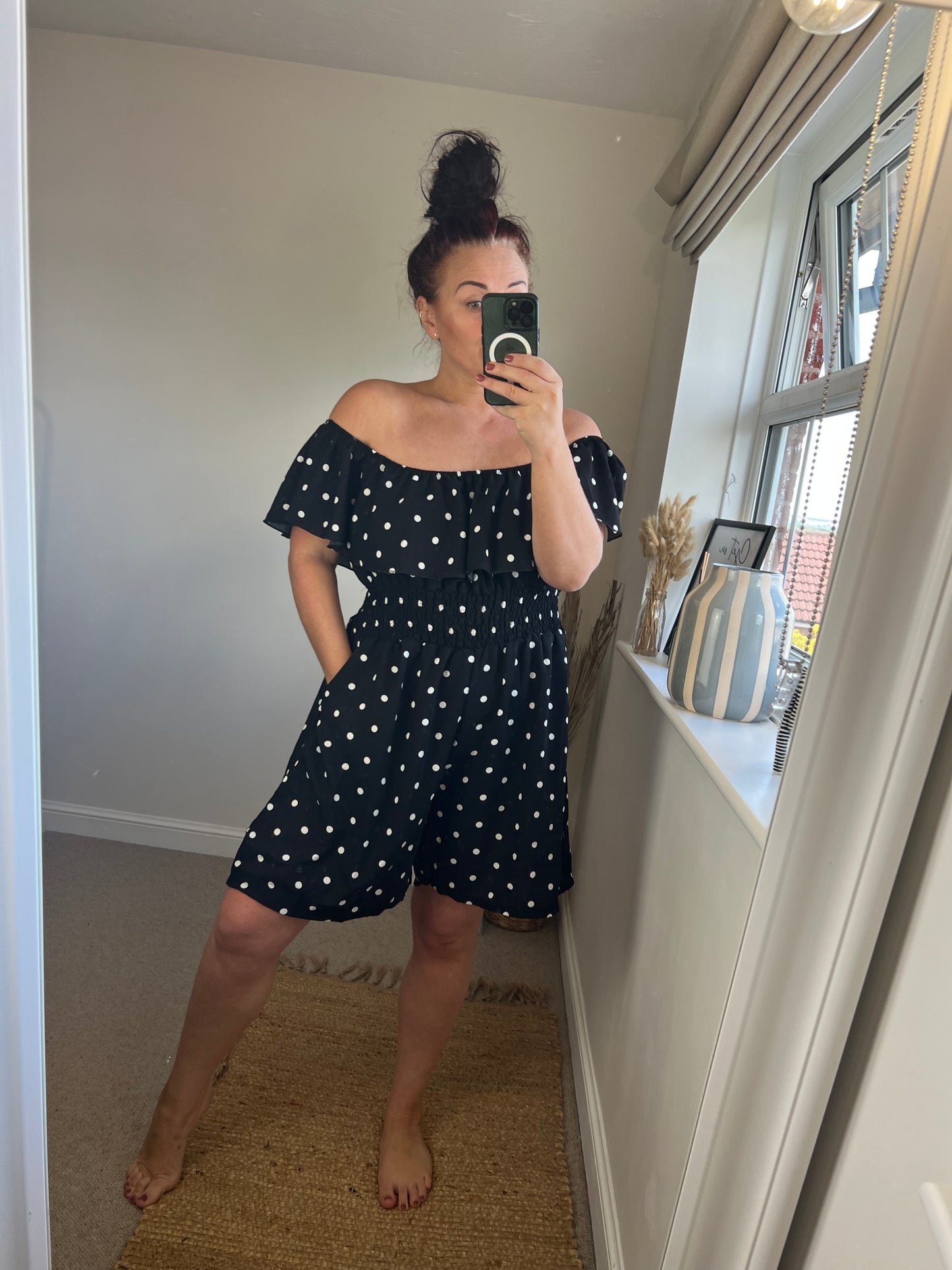 Shirred Waist Playsuit - Spotty Black