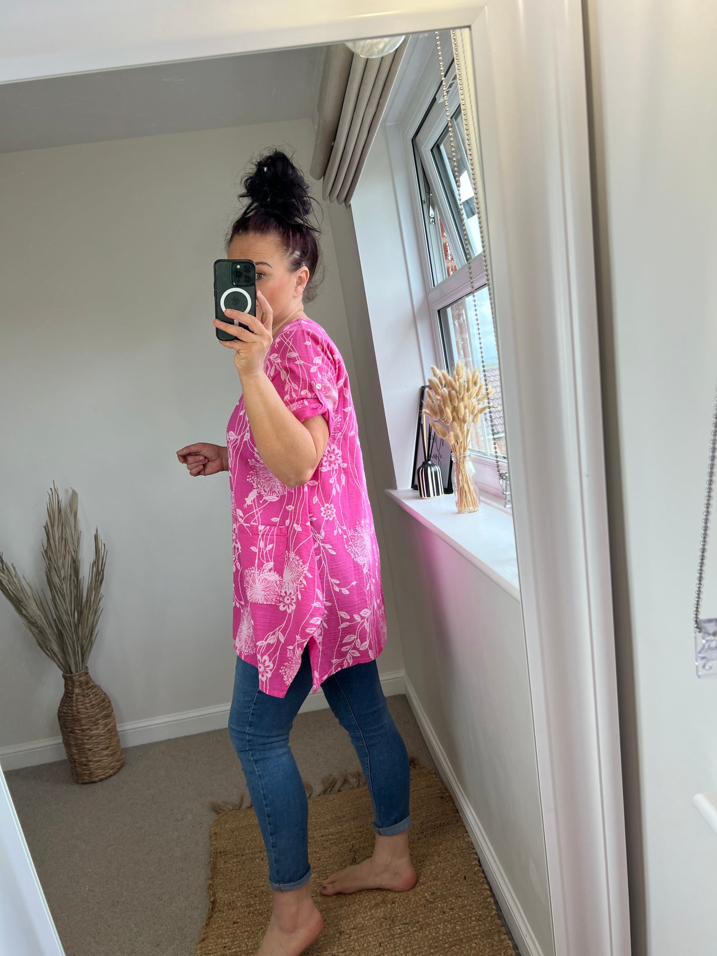 Longline Cotton Floral Top - Cerise