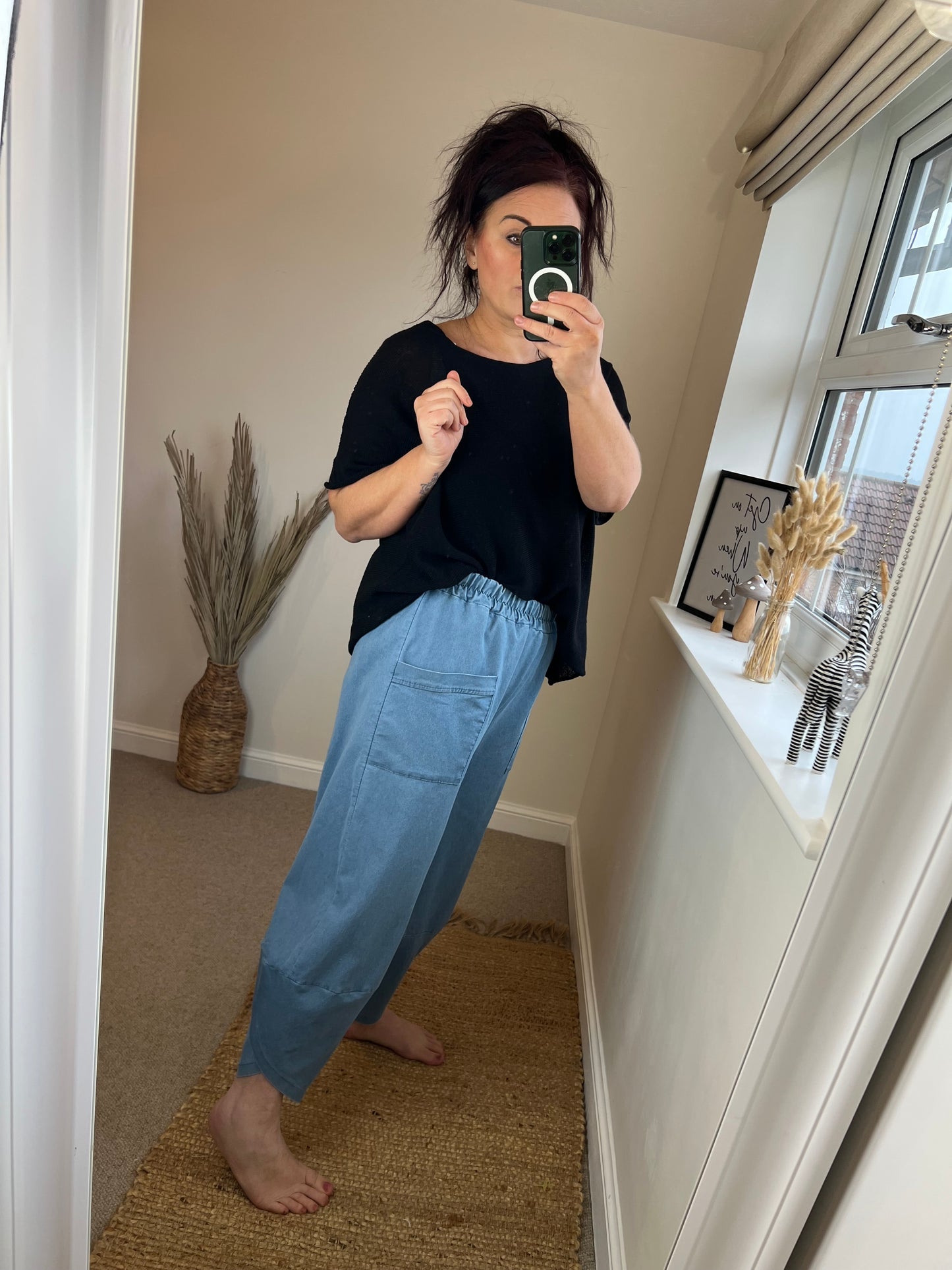 Barrel Leg Stretchy Denim Trousers - Light