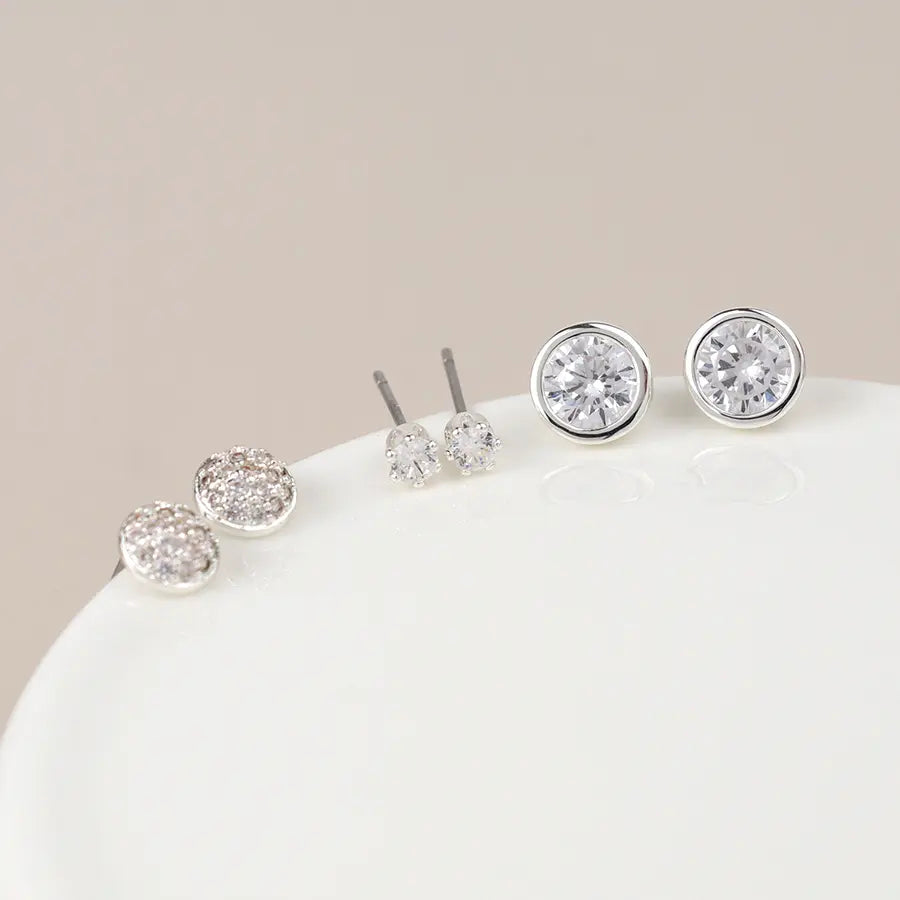 Peace of Mind - Set of 3 Silver Plated Crystal Stud Earrings