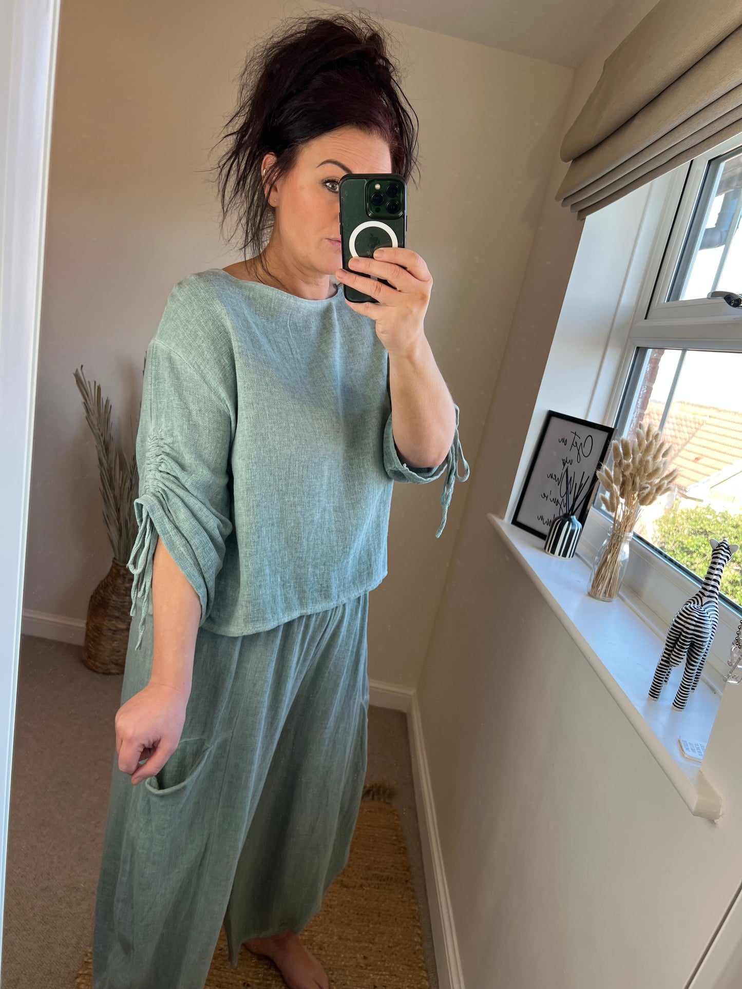 Linen Drawstring Arm Top - Sage