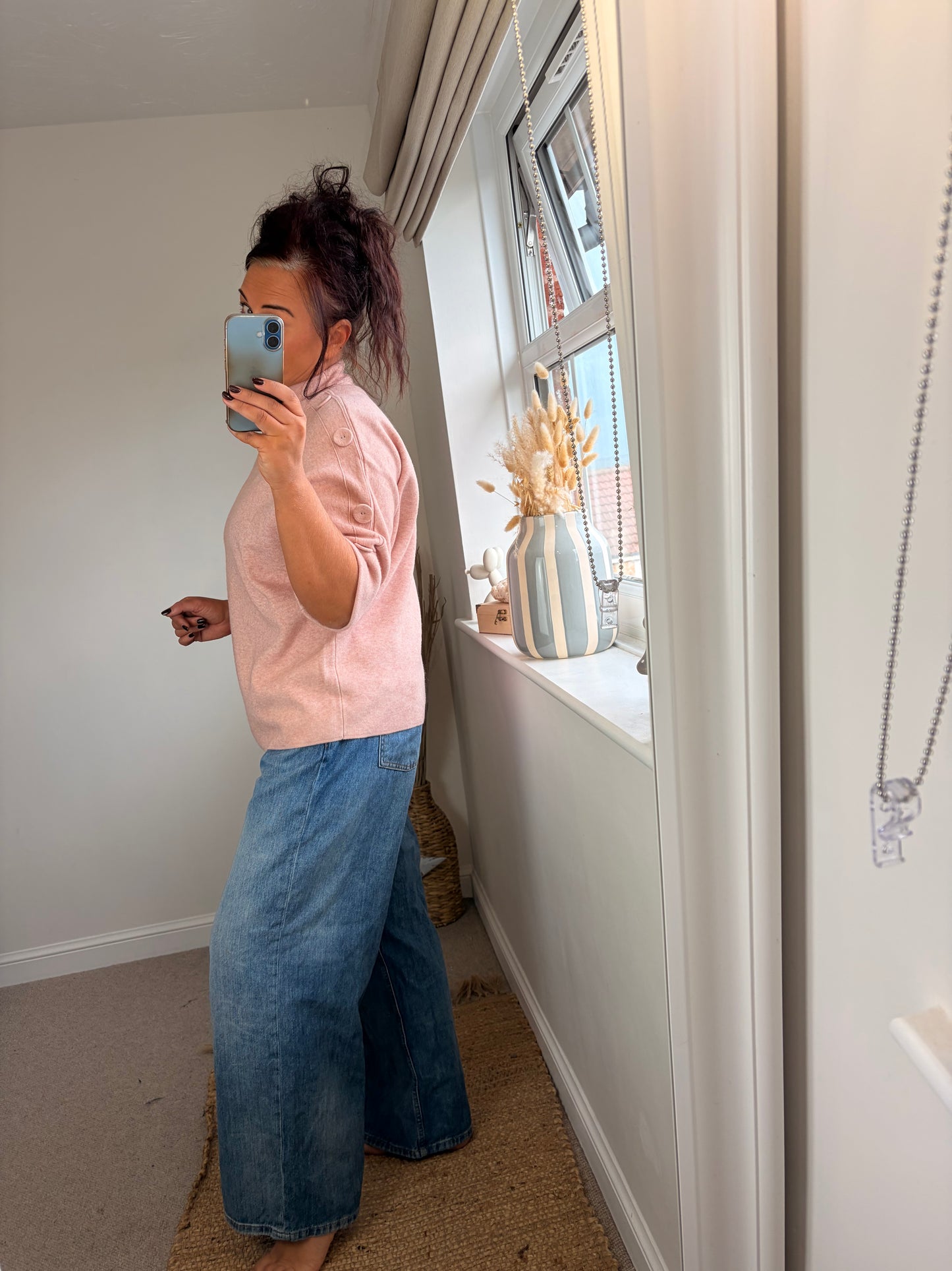 Button Sleeve Funnel Neck Jumper - Pink