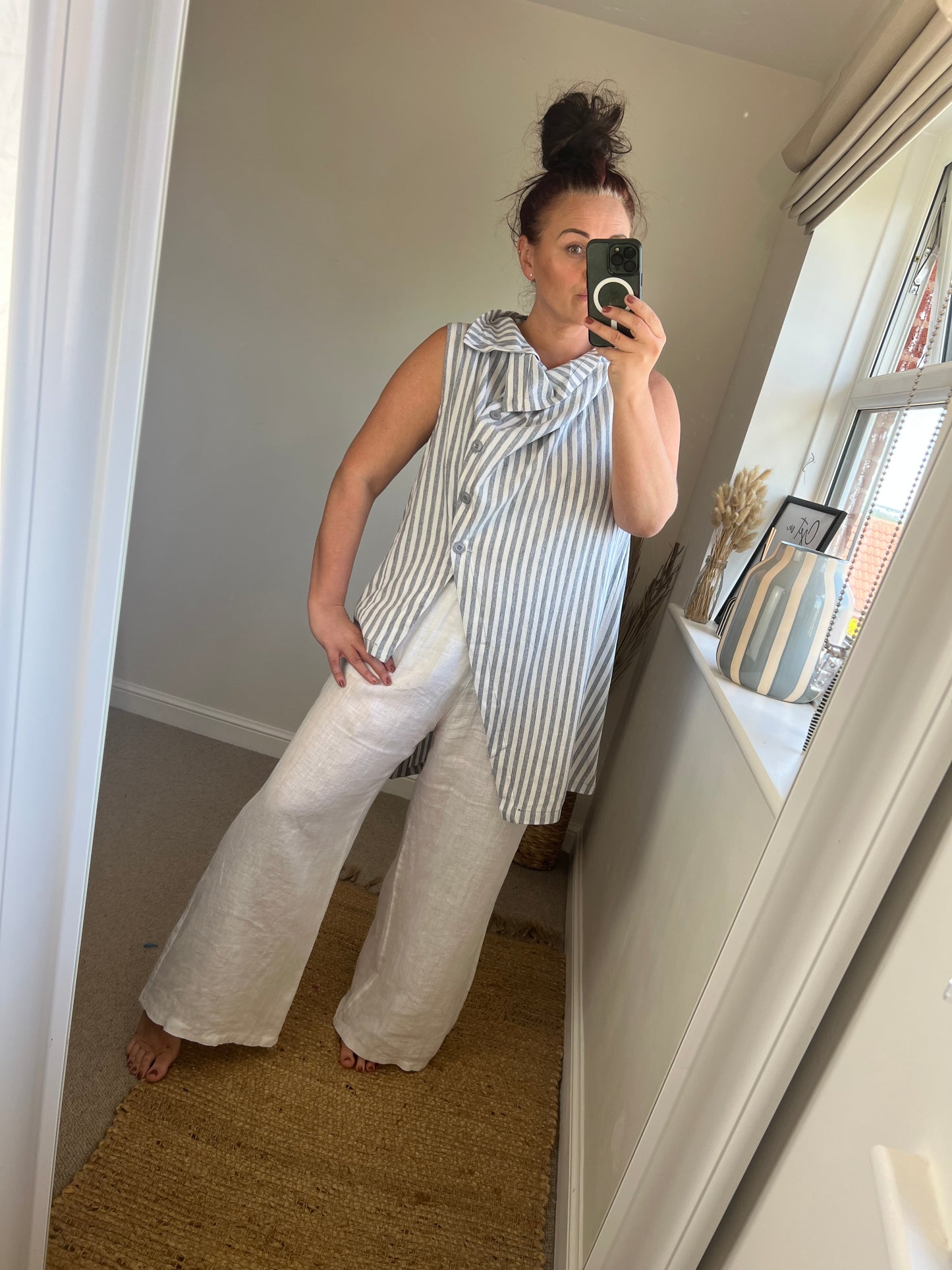 Premium Linen Long Waistcoat - Stripe Blue
