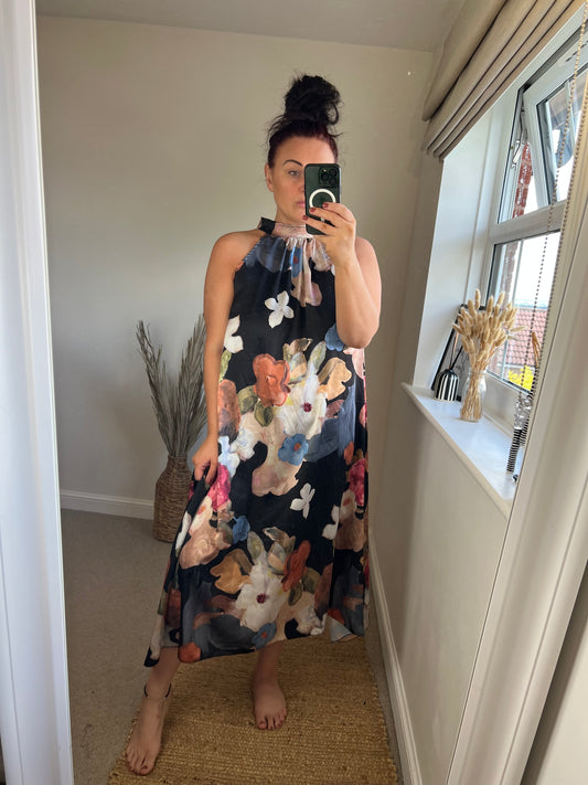 Halter Neck Satin Dress - Black