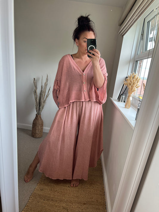 Linen Mix Floaty Trousers - Dusky Pink