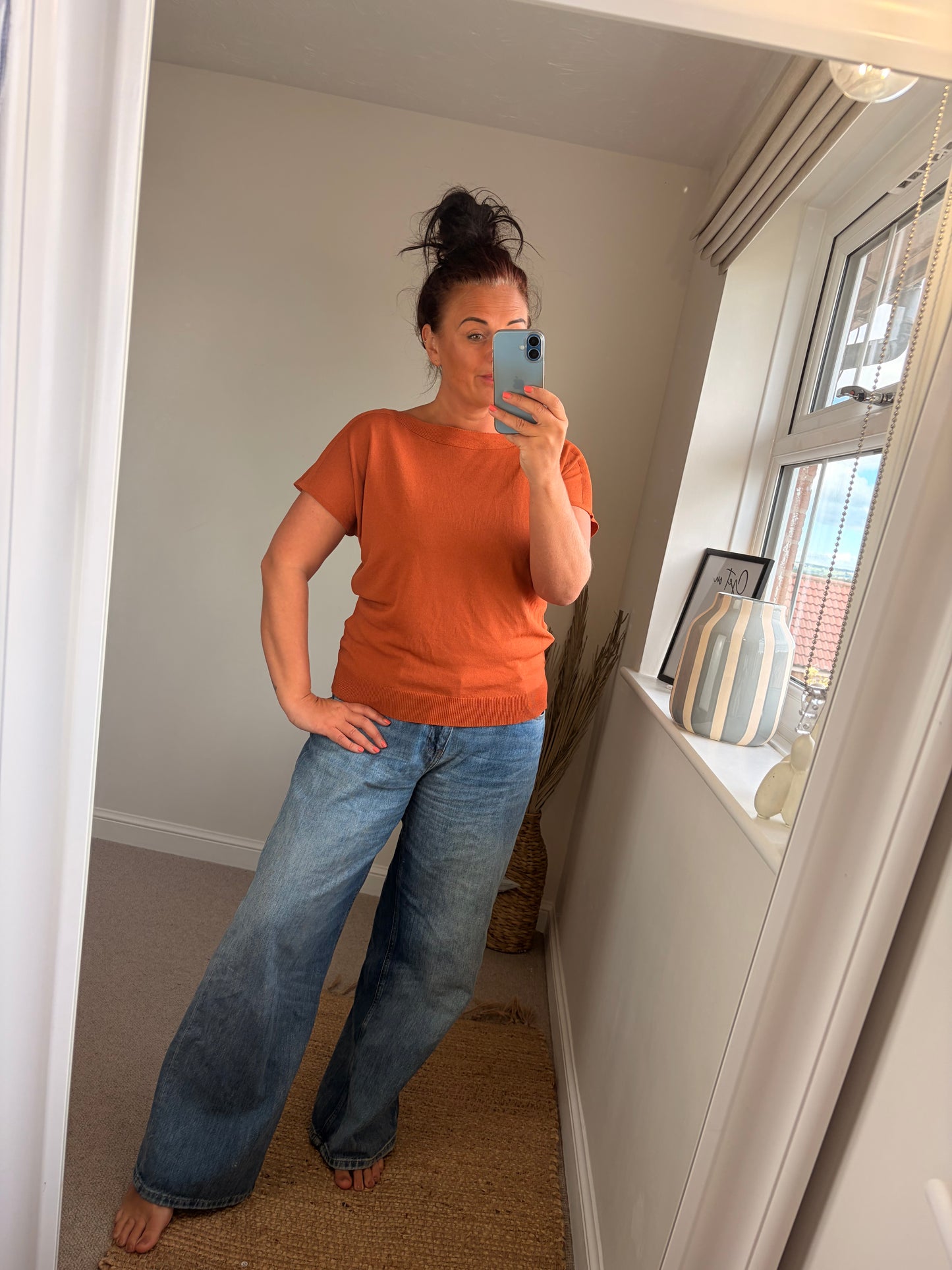 Fine Knit Slash Neck Top - Rust